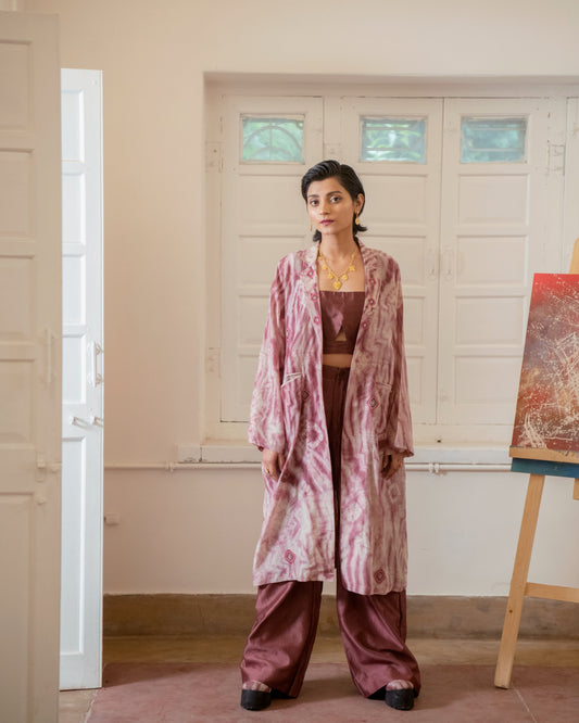 Rosewood Three Piece Set by The Loom Art with Casual Wear, Chanderi Silk, Co-ord Sets, Cotton Silk, July Sale, July Sale 2023, Lucid Dreams by The Loom Art, Luicid Dream, Office, Office Wear, Office Wear Co-ords, Organic, party, Party Wear Co-ords, Pink, Relaxed Fit, Solids, Womenswear at Kamakhyaa for sustainable fashion