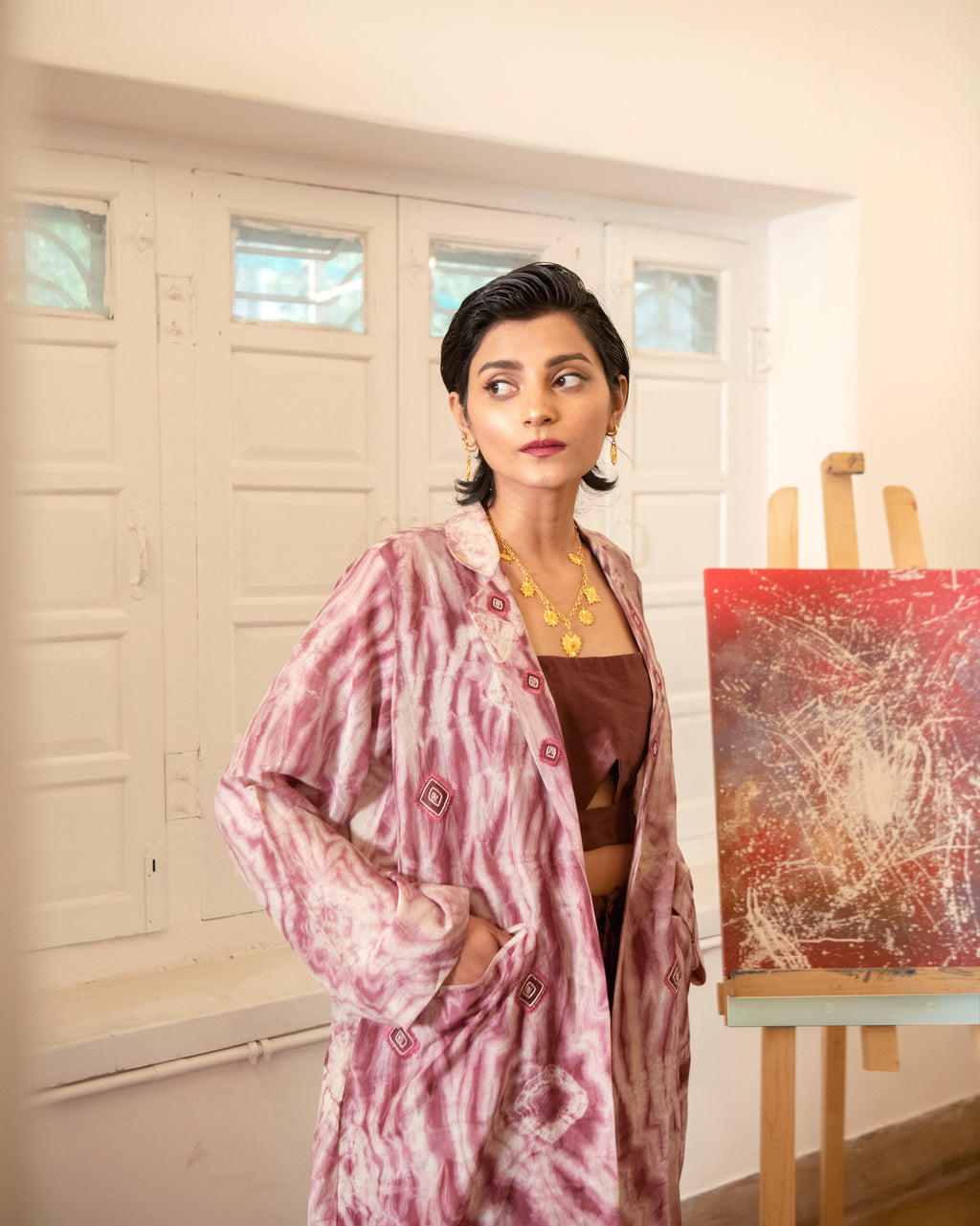Rosewood Three Piece Set by The Loom Art with Casual Wear, Chanderi Silk, Co-ord Sets, Cotton Silk, July Sale, July Sale 2023, Lucid Dreams by The Loom Art, Luicid Dream, Office, Office Wear, Office Wear Co-ords, Organic, party, Party Wear Co-ords, Pink, Relaxed Fit, Solids, Womenswear at Kamakhyaa for sustainable fashion