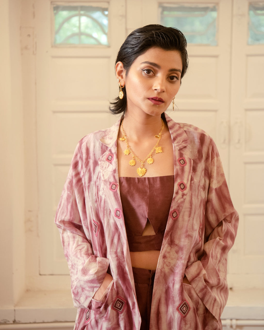Rosewood Three Piece Set by The Loom Art with Casual Wear, Chanderi Silk, Co-ord Sets, Cotton Silk, July Sale, July Sale 2023, Lucid Dreams by The Loom Art, Luicid Dream, Office, Office Wear, Office Wear Co-ords, Organic, party, Party Wear Co-ords, Pink, Relaxed Fit, Solids, Womenswear at Kamakhyaa for sustainable fashion