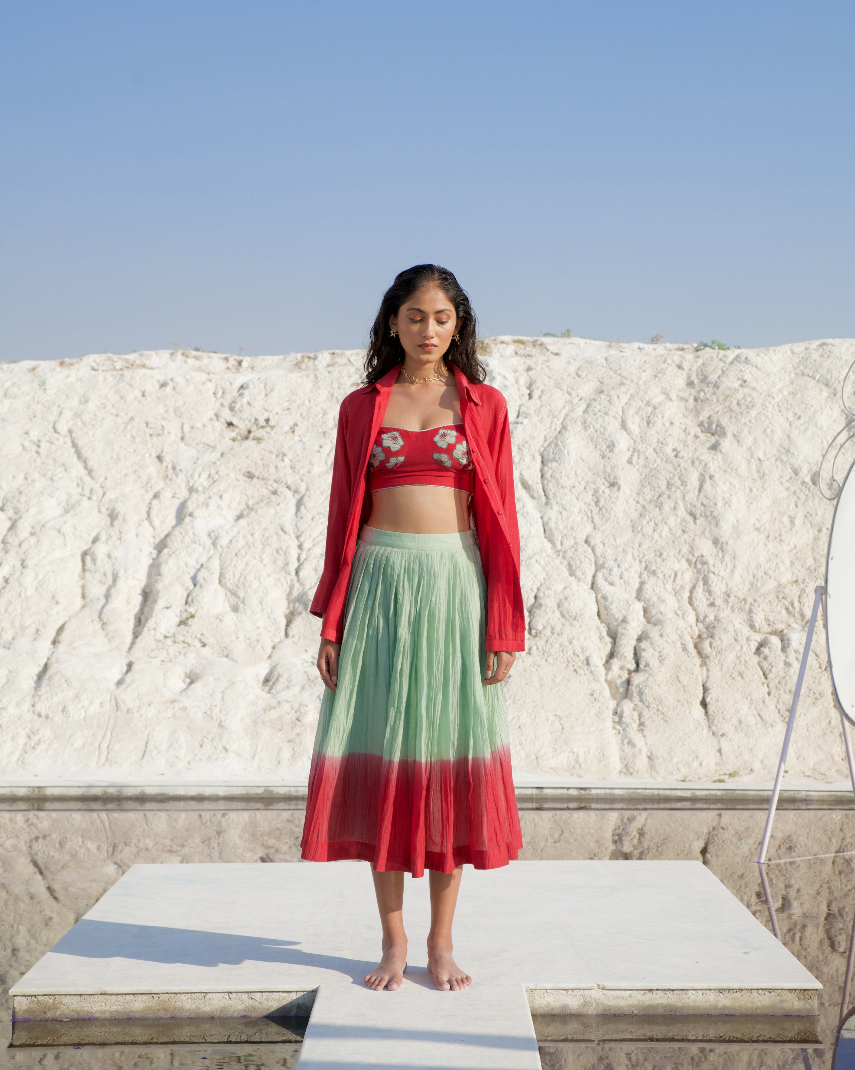 Red Silk Co-ord Set by The Loom Art with Aurora by The Loom Art, Best Selling, Casual Wear, Chanderi Silk, Co-ord Sets, FB ADS JUNE, July Sale, July Sale 2023, Ombre & Dyes, Organic, Red, Regular Fit, Skirt Sets, Vacation, Vacation Co-ords, Womenswear at Kamakhyaa for sustainable fashion