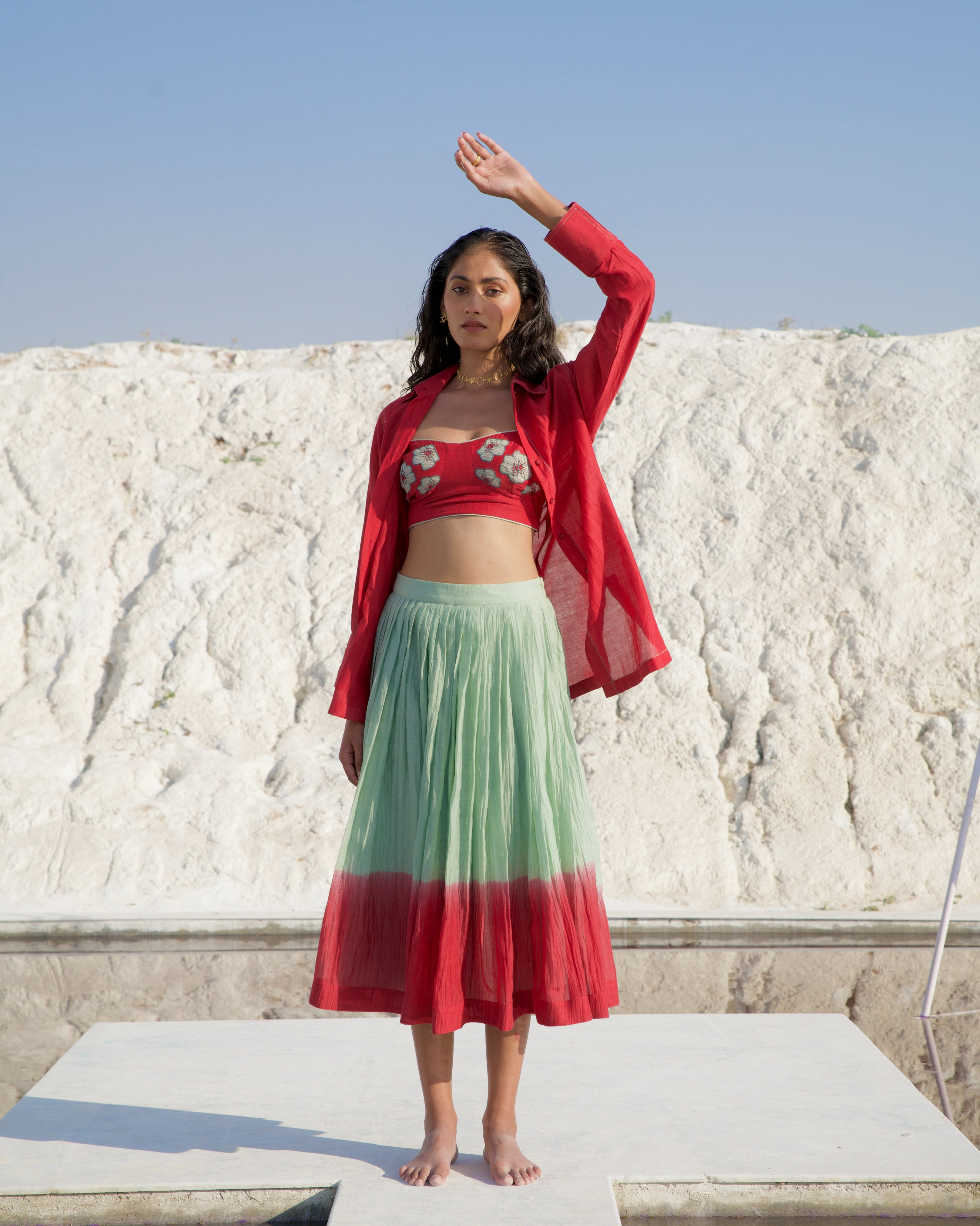 Red Silk Co-ord Set by The Loom Art with Aurora by The Loom Art, Best Selling, Casual Wear, Chanderi Silk, Co-ord Sets, FB ADS JUNE, July Sale, July Sale 2023, Ombre & Dyes, Organic, Red, Regular Fit, Skirt Sets, Vacation, Vacation Co-ords, Womenswear at Kamakhyaa for sustainable fashion