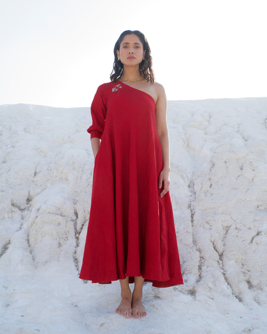 Red Midi Dress by The Loom Art with Aurora by The Loom Art, Casual Wear, Chanderi Silk, Evening Wear, July Sale, July Sale 2023, Loose Fit, Midi Dresses, Office, Office Wear, Ombre & Dyes, One Shoulder Dresses, Organic, Red, Solids, Womenswear at Kamakhyaa for sustainable fashion