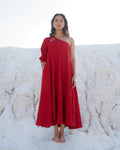 Red Midi Dress by The Loom Art with Aurora by The Loom Art, Casual Wear, Chanderi Silk, Evening Wear, July Sale, July Sale 2023, Loose Fit, Midi Dresses, Office, Office Wear, Ombre & Dyes, One Shoulder Dresses, Organic, Red, Solids, Womenswear at Kamakhyaa for sustainable fashion