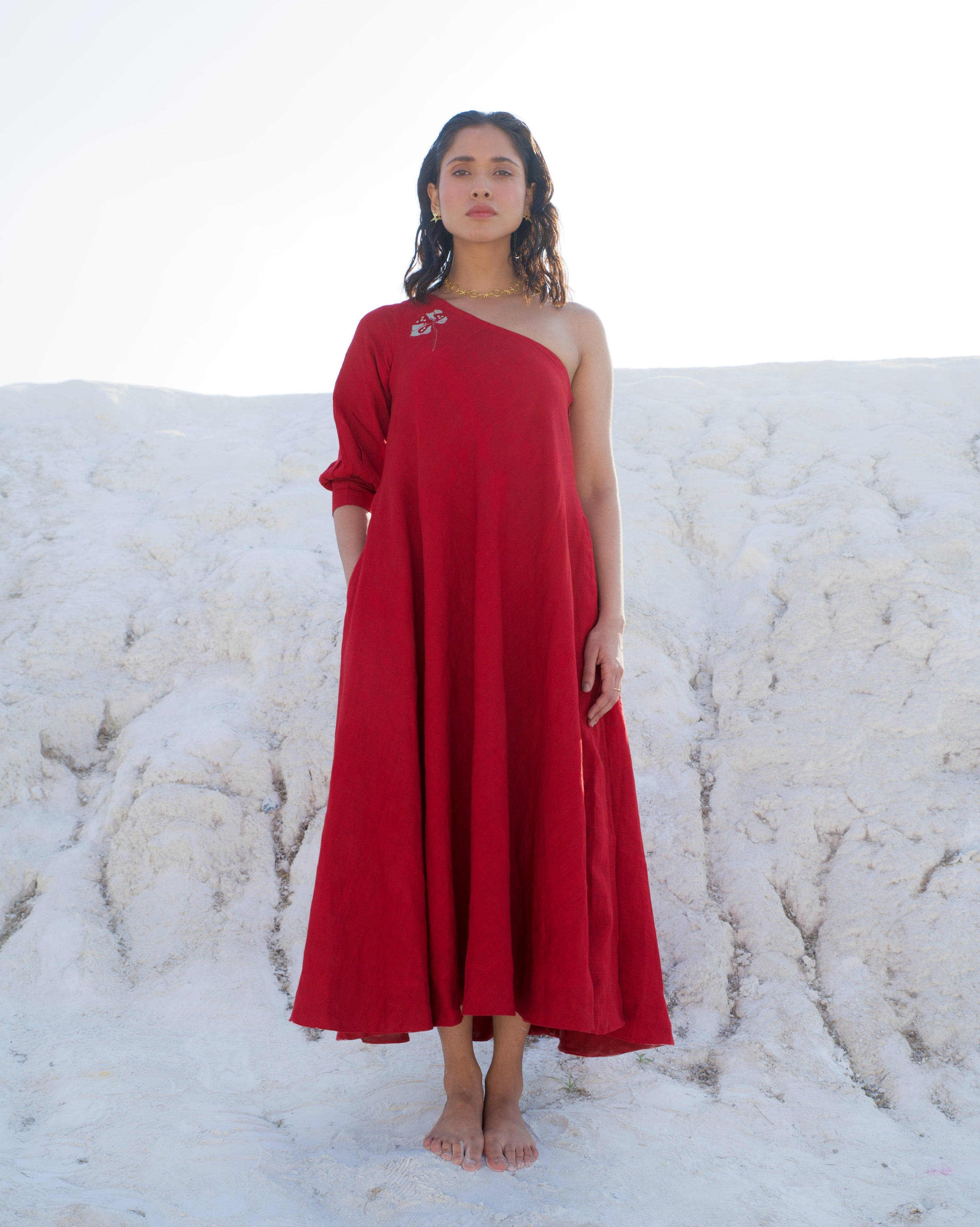 Red Midi Dress by The Loom Art with Aurora by The Loom Art, Casual Wear, Chanderi Silk, Evening Wear, July Sale, July Sale 2023, Loose Fit, Midi Dresses, Office, Office Wear, Ombre & Dyes, One Shoulder Dresses, Organic, Red, Solids, Womenswear at Kamakhyaa for sustainable fashion