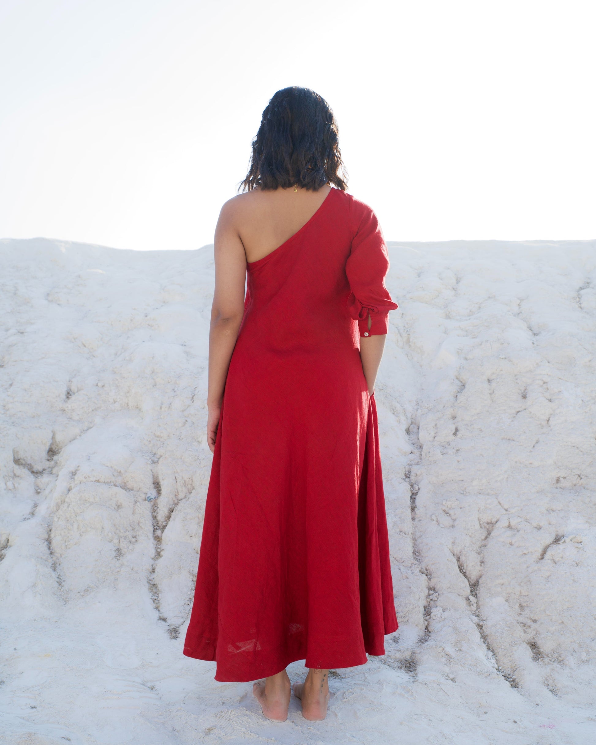 Red Midi Dress by The Loom Art with Aurora by The Loom Art, Casual Wear, Chanderi Silk, Evening Wear, July Sale, July Sale 2023, Loose Fit, Midi Dresses, Office, Office Wear, Ombre & Dyes, One Shoulder Dresses, Organic, Red, Solids, Womenswear at Kamakhyaa for sustainable fashion