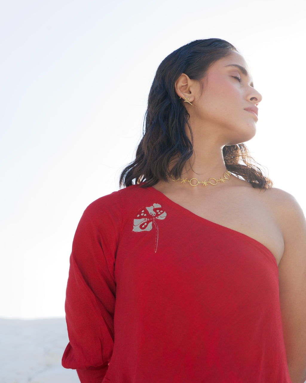 Red Midi Dress by The Loom Art with Aurora by The Loom Art, Casual Wear, Chanderi Silk, Evening Wear, July Sale, July Sale 2023, Loose Fit, Midi Dresses, Office, Office Wear, Ombre & Dyes, One Shoulder Dresses, Organic, Red, Solids, Womenswear at Kamakhyaa for sustainable fashion