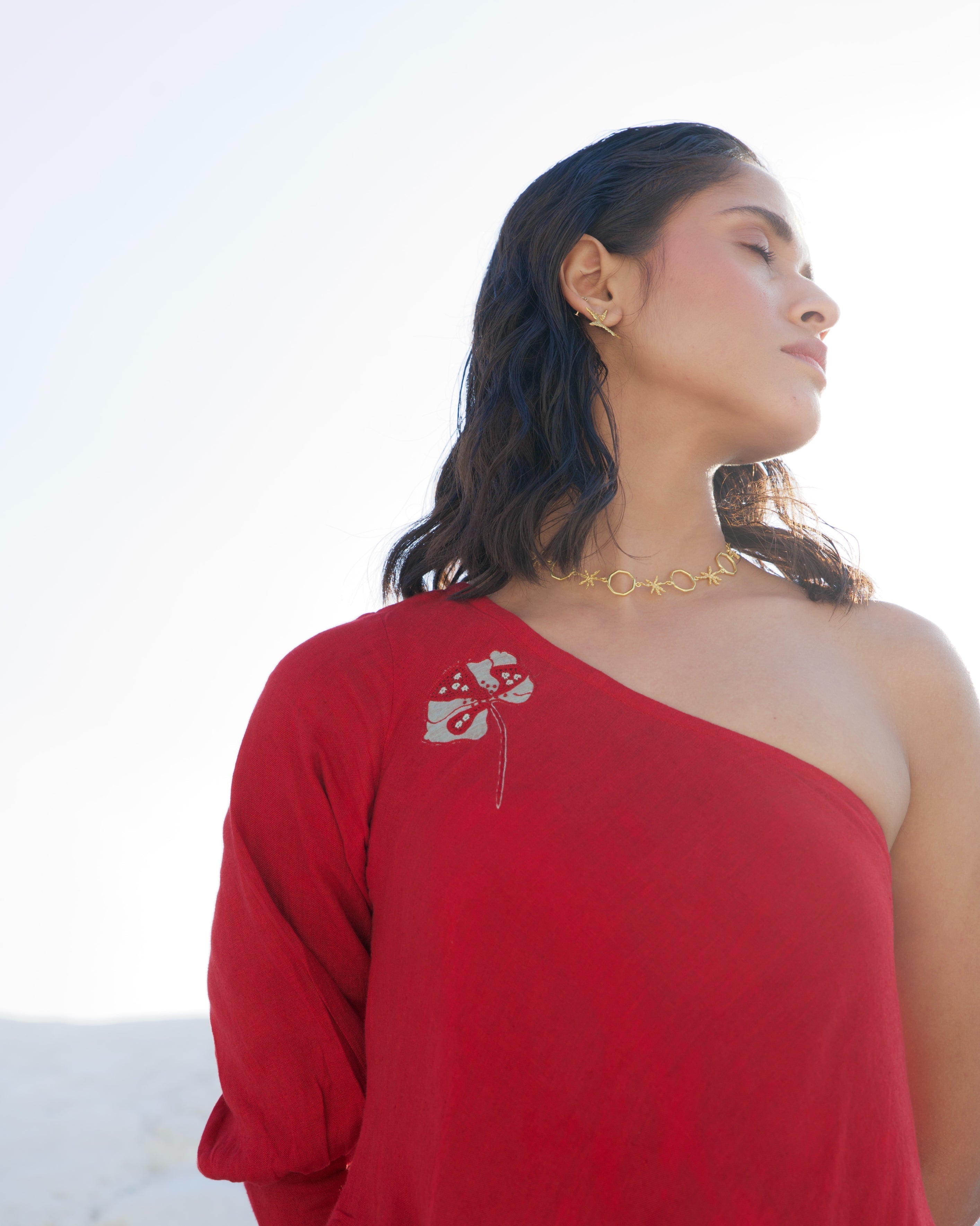 Red Midi Dress by The Loom Art with Aurora by The Loom Art, Casual Wear, Chanderi Silk, Evening Wear, July Sale, July Sale 2023, Loose Fit, Midi Dresses, Office, Office Wear, Ombre & Dyes, One Shoulder Dresses, Organic, Red, Solids, Womenswear at Kamakhyaa for sustainable fashion