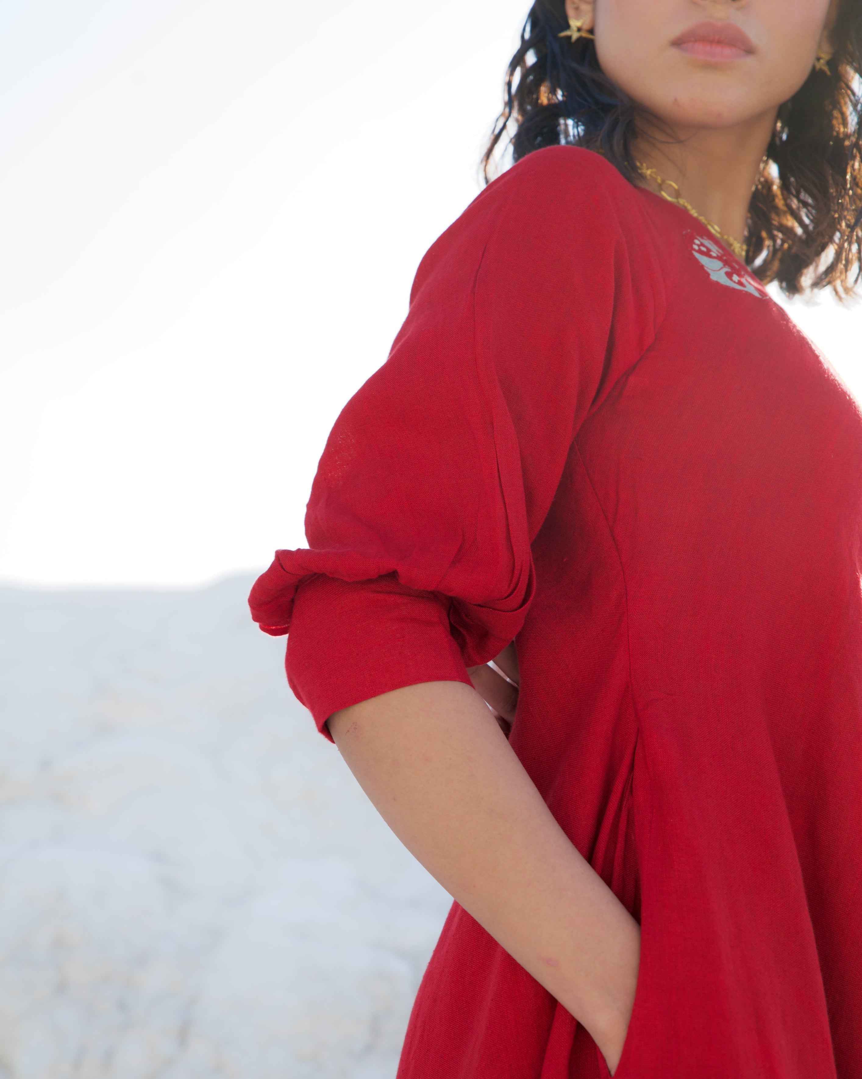 Red Midi Dress by The Loom Art with Aurora by The Loom Art, Casual Wear, Chanderi Silk, Evening Wear, July Sale, July Sale 2023, Loose Fit, Midi Dresses, Office, Office Wear, Ombre & Dyes, One Shoulder Dresses, Organic, Red, Solids, Womenswear at Kamakhyaa for sustainable fashion