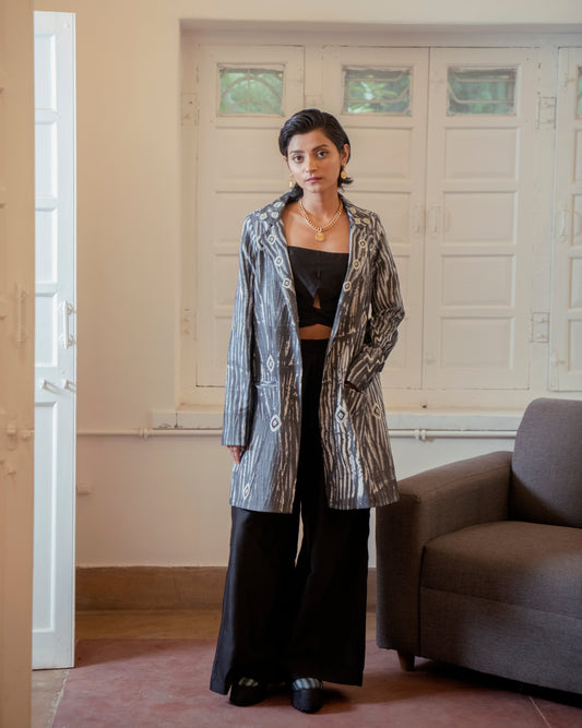 Luna Three Piece Set by The Loom Art with Black, Casual Wear, Co-ord Sets, Handwoven Chanderi Silk, July Sale, July Sale 2023, Lucid Dreams by The Loom Art, Luicid Dream, Office, Office Wear, Office Wear Co-ords, Organic, party, Party Wear Co-ords, Relaxed Fit, Solids, Womenswear at Kamakhyaa for sustainable fashion