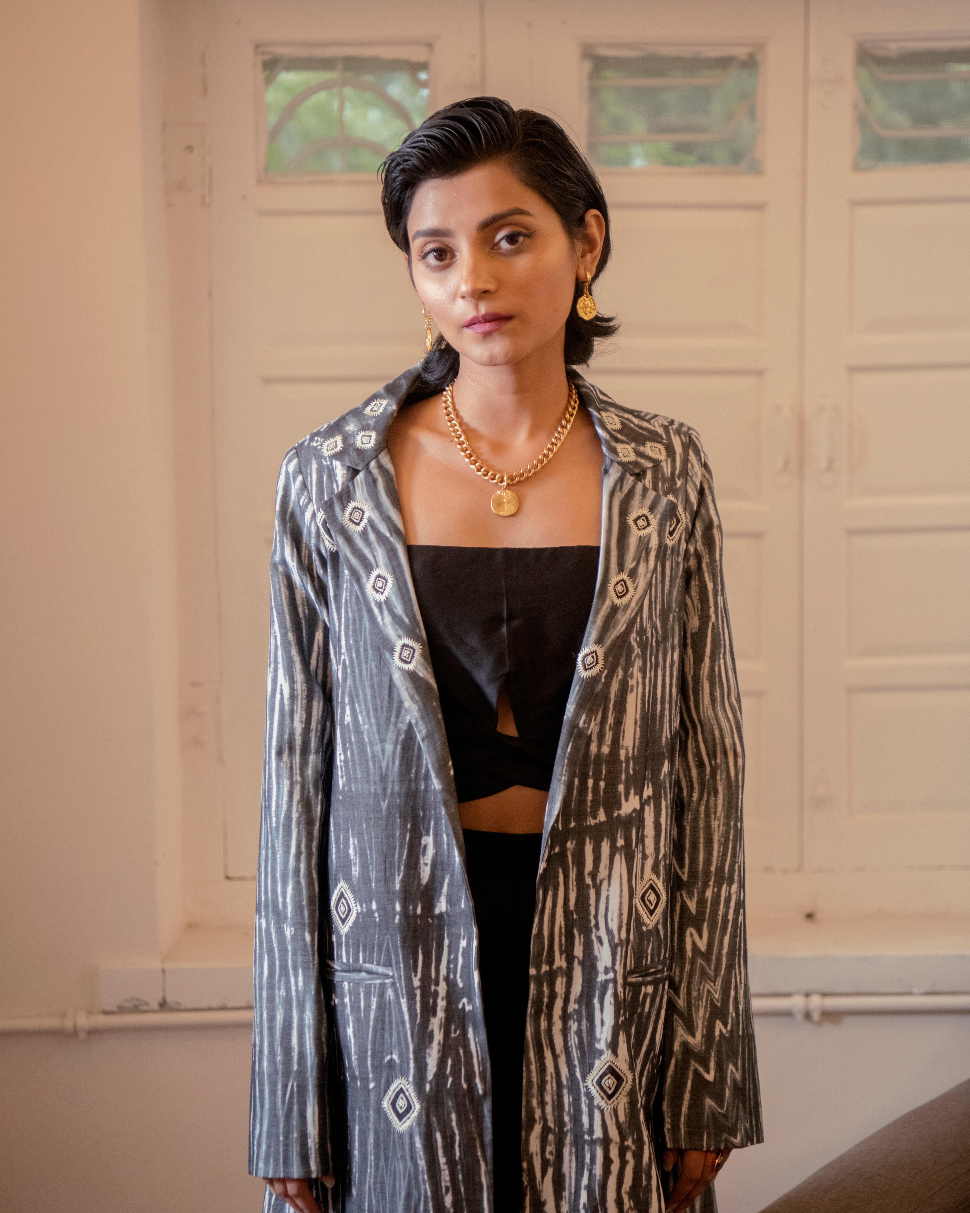 Luna Three Piece Set by The Loom Art with Black, Casual Wear, Co-ord Sets, Handwoven Chanderi Silk, July Sale, July Sale 2023, Lucid Dreams by The Loom Art, Luicid Dream, Office, Office Wear, Office Wear Co-ords, Organic, party, Party Wear Co-ords, Relaxed Fit, Solids, Womenswear at Kamakhyaa for sustainable fashion