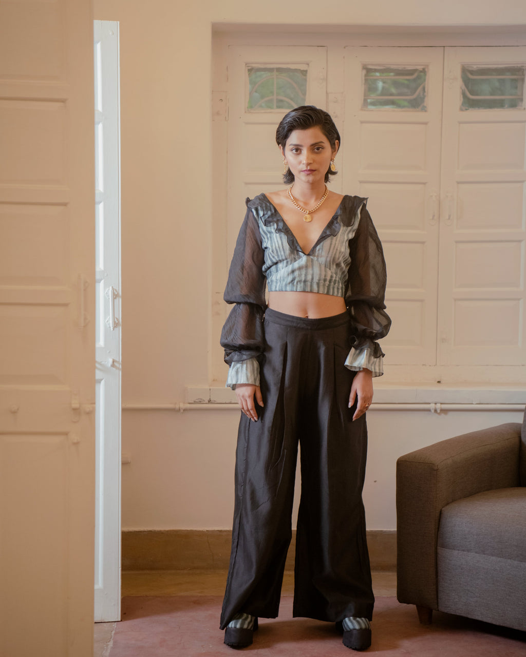 Luna Crop Top by The Loom Art with Black, Casual Wear, Chanderi Organza Silk, Chanderi Silk, Crop Tops, July Sale, July Sale 2023, Lucid Dreams by The Loom Art, Luicid Dream, Organic, Regular Fit, Solids, Womenswear at Kamakhyaa for sustainable fashion