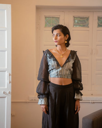 Luna Crop Top by The Loom Art with Black, Casual Wear, Chanderi Organza Silk, Chanderi Silk, Crop Tops, July Sale, July Sale 2023, Lucid Dreams by The Loom Art, Luicid Dream, Organic, Regular Fit, Solids, Womenswear at Kamakhyaa for sustainable fashion