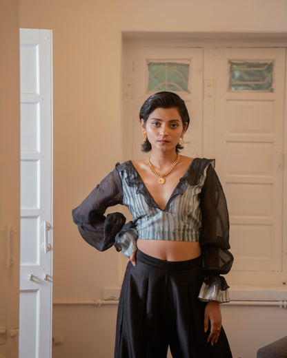 Luna Crop Top by The Loom Art with Black, Casual Wear, Chanderi Organza Silk, Chanderi Silk, Crop Tops, July Sale, July Sale 2023, Lucid Dreams by The Loom Art, Luicid Dream, Organic, Regular Fit, Solids, Womenswear at Kamakhyaa for sustainable fashion