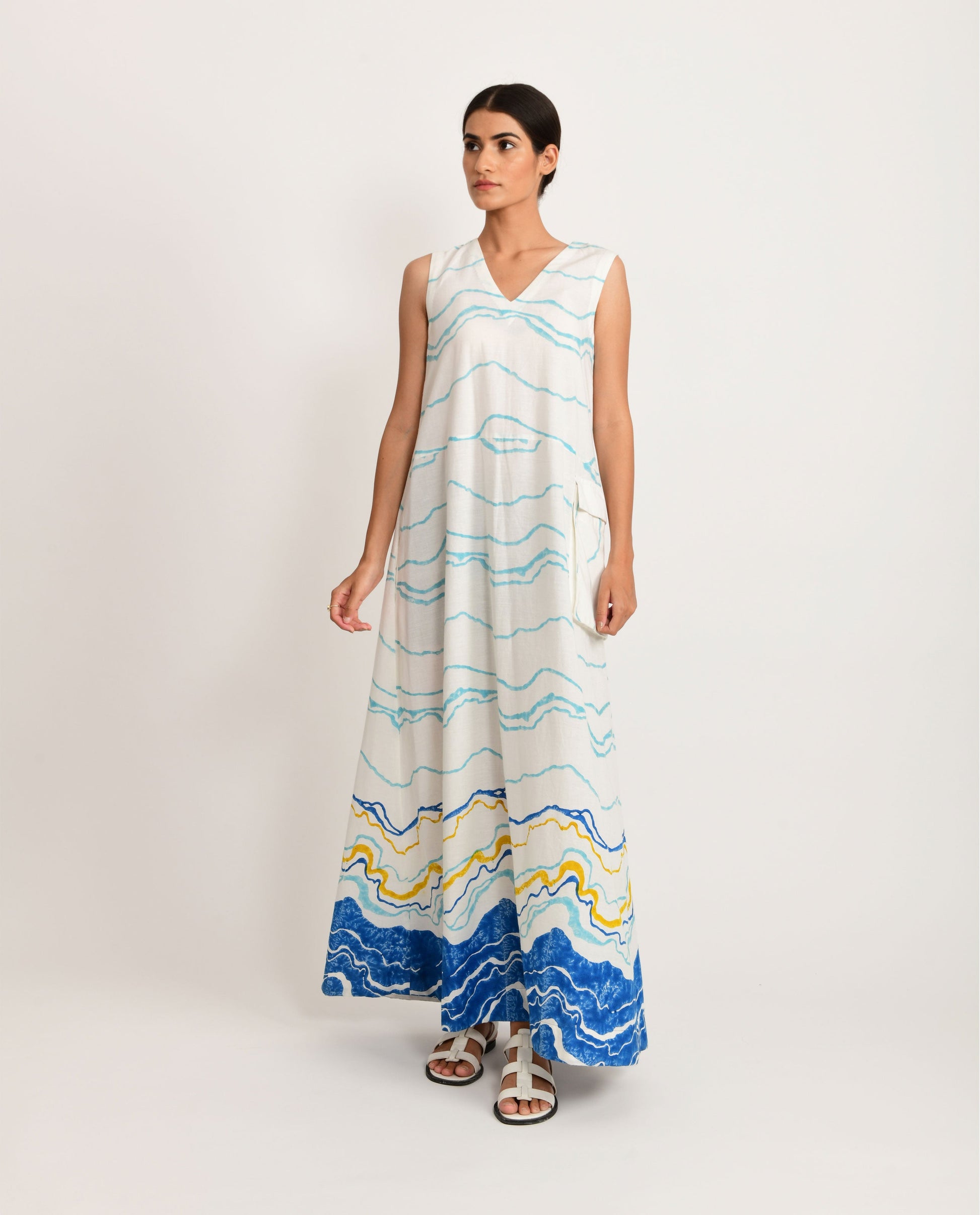 White Block Printed Sleeveless Maxi Dress by Rias Jaipur with Azo Free Dye, Bamboo, Block Prints, Casual Wear, Cotton, Maxi Dresses, Parat, Parat by Rias Jaipur, Regular Fit, Sleeveless Dresses, White, Womenswear at Kamakhyaa for sustainable fashion