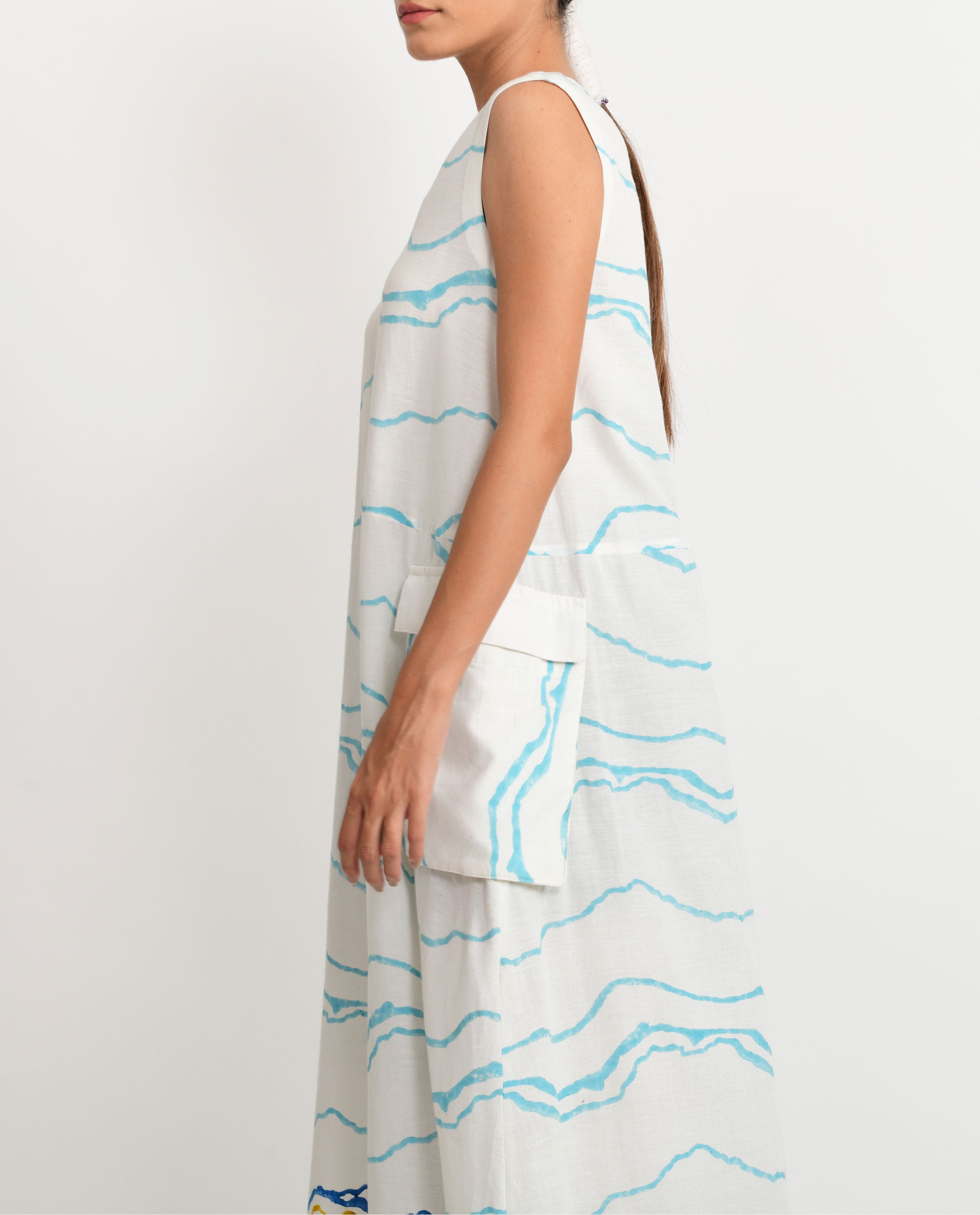 White Block Printed Sleeveless Maxi Dress by Rias Jaipur with Azo Free Dye, Bamboo, Block Prints, Casual Wear, Cotton, Maxi Dresses, Parat, Parat by Rias Jaipur, Regular Fit, Sleeveless Dresses, White, Womenswear at Kamakhyaa for sustainable fashion