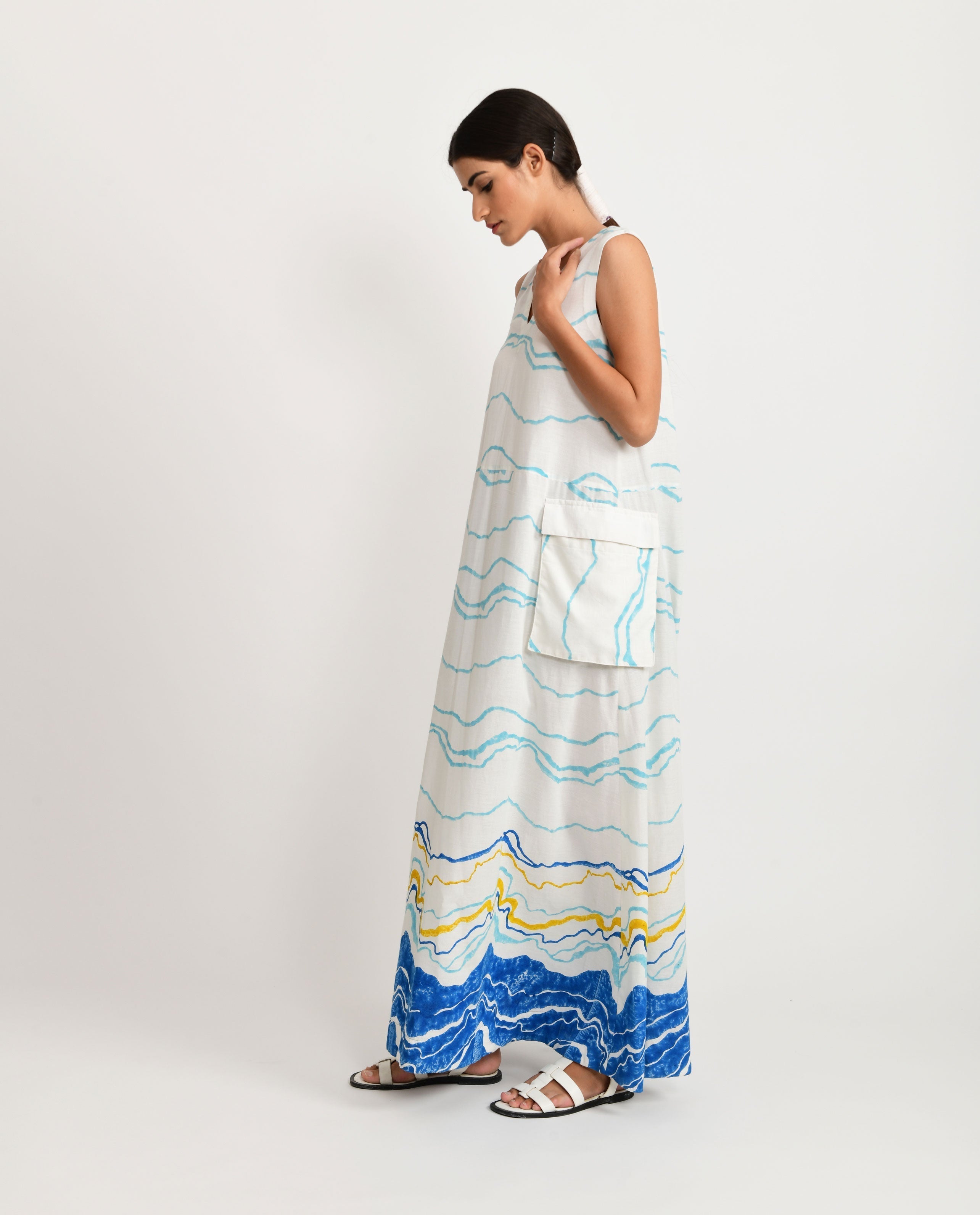 White Block Printed Sleeveless Maxi Dress by Rias Jaipur with Azo Free Dye, Bamboo, Block Prints, Casual Wear, Cotton, Maxi Dresses, Parat, Parat by Rias Jaipur, Regular Fit, Sleeveless Dresses, White, Womenswear at Kamakhyaa for sustainable fashion
