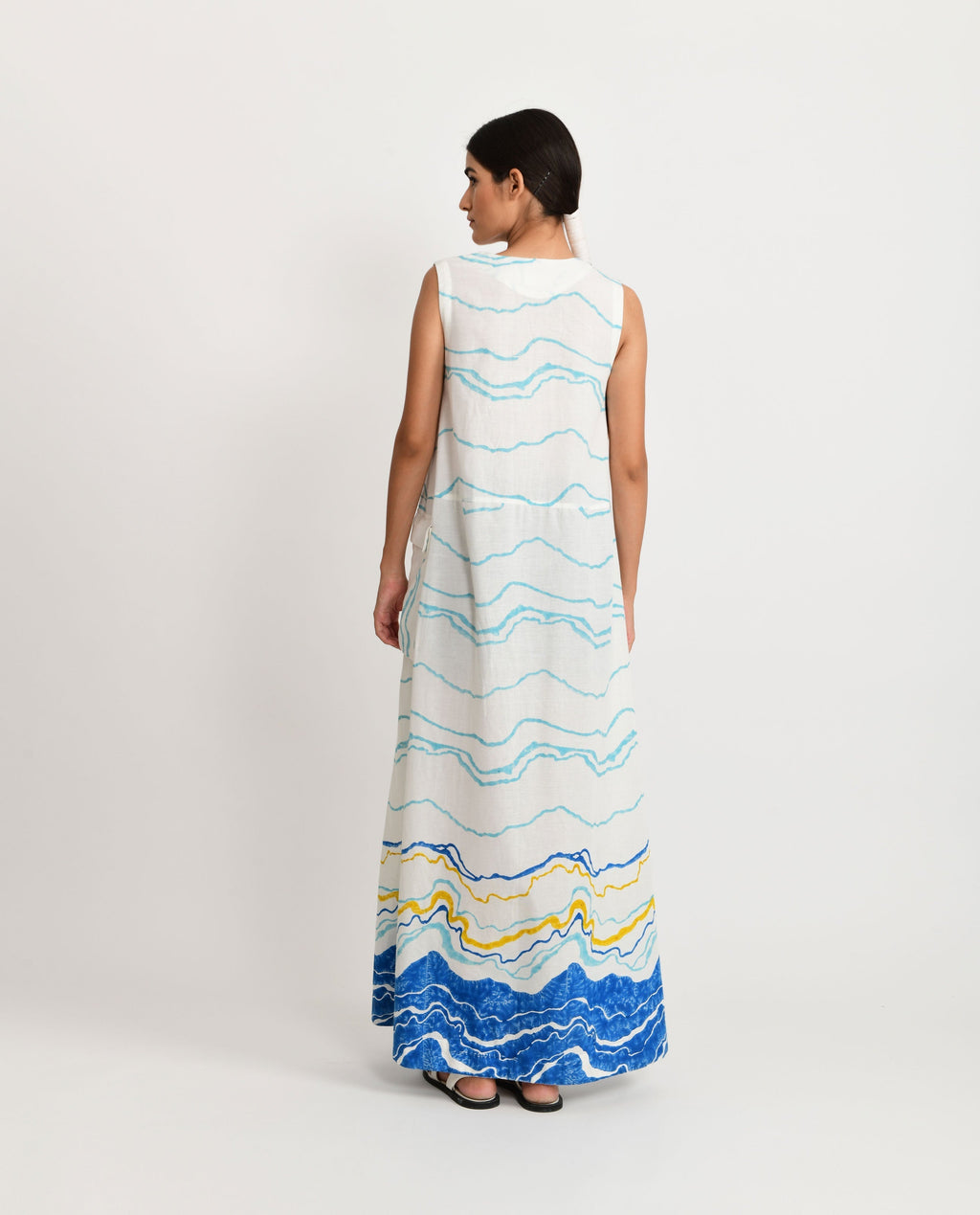 White Block Printed Sleeveless Maxi Dress by Rias Jaipur with Azo Free Dye, Bamboo, Block Prints, Casual Wear, Cotton, Maxi Dresses, Parat, Parat by Rias Jaipur, Regular Fit, Sleeveless Dresses, White, Womenswear at Kamakhyaa for sustainable fashion