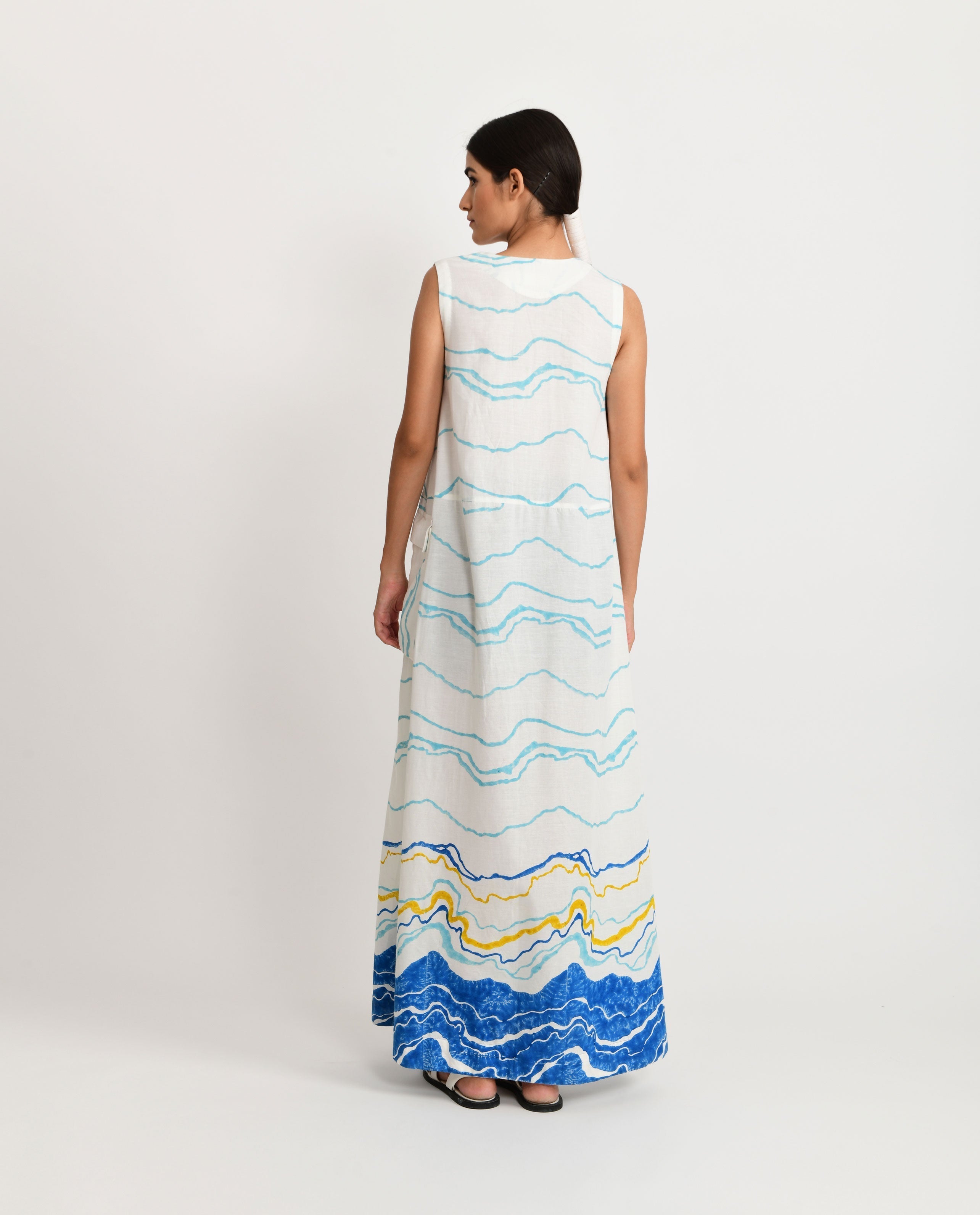 White Block Printed Sleeveless Maxi Dress by Rias Jaipur with Azo Free Dye, Bamboo, Block Prints, Casual Wear, Cotton, Maxi Dresses, Parat, Parat by Rias Jaipur, Regular Fit, Sleeveless Dresses, White, Womenswear at Kamakhyaa for sustainable fashion