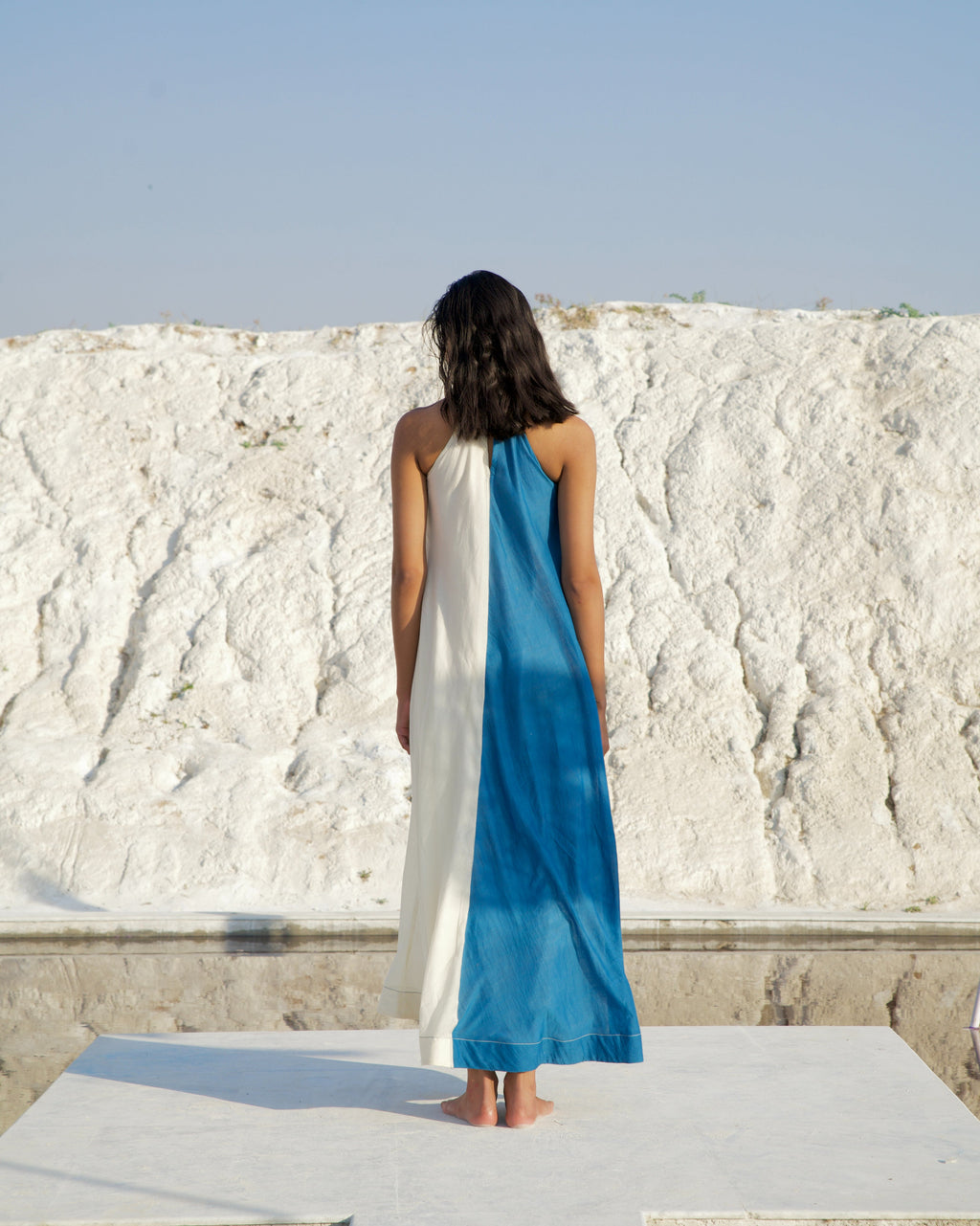 Blue Silk Maxi Dress by The Loom Art with Aurora by The Loom Art, Best Selling, Blue, Casual Wear, Chanderi Silk, FB ADS JUNE, For Daughter, Halter Neck Dresses, July Sale, July Sale 2023, Maxi Dresses, Ombre & Dyes, Organic, Relaxed Fit, Solid Selfmade, Womenswear at Kamakhyaa for sustainable fashion