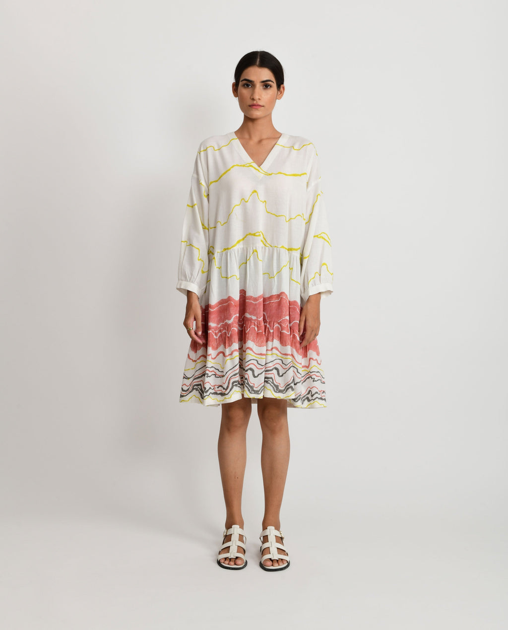 White Block Printed Short Dress by Rias Jaipur with Azo Free Dye, Bamboo, Block Prints, Casual Wear, Cotton, Mini Dresses, Parat, Parat by Rias Jaipur, Regular Fit, White, Womenswear at Kamakhyaa for sustainable fashion