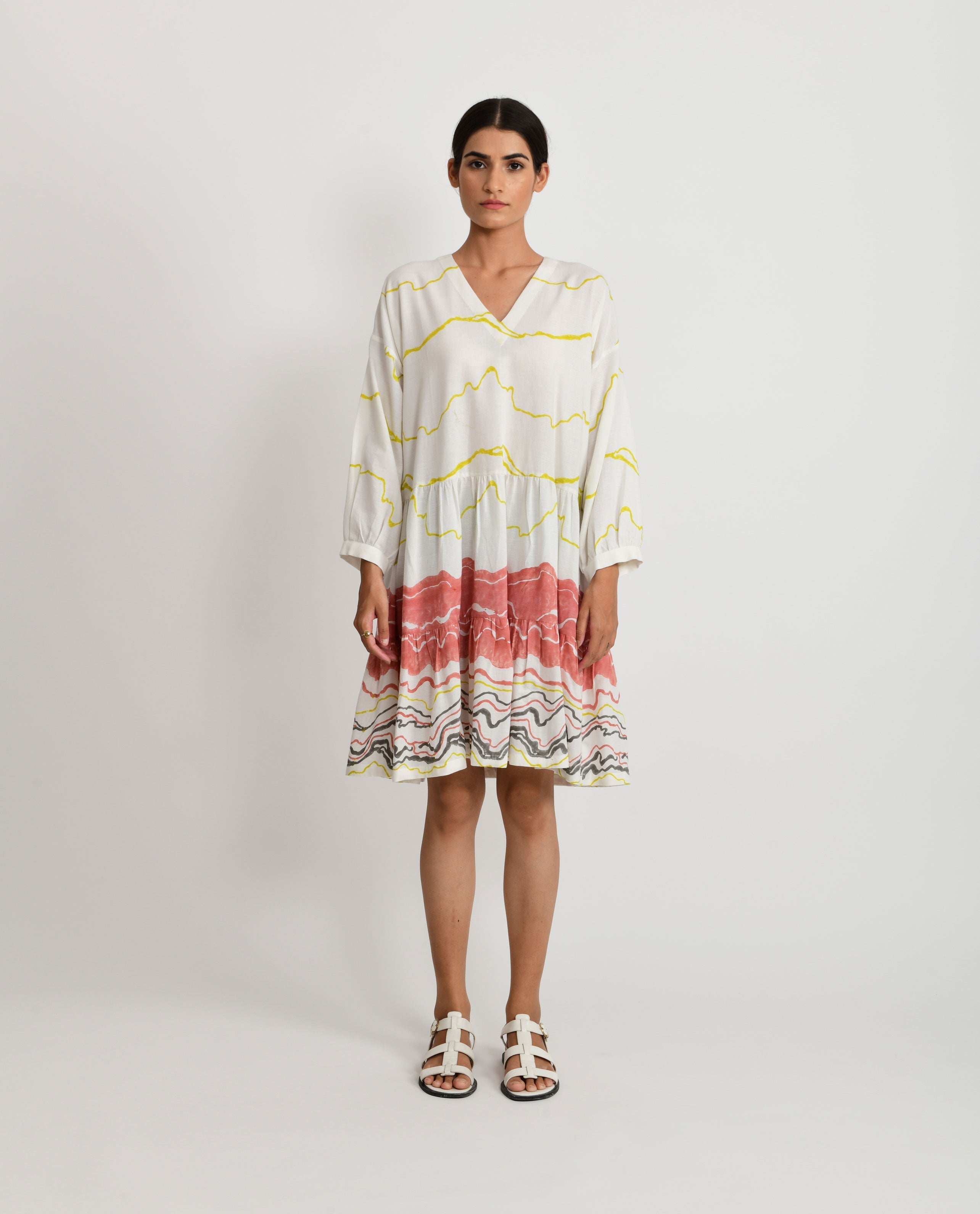 White Block Printed Short Dress by Rias Jaipur with Azo Free Dye, Bamboo, Block Prints, Casual Wear, Cotton, Mini Dresses, Parat, Parat by Rias Jaipur, Regular Fit, White, Womenswear at Kamakhyaa for sustainable fashion