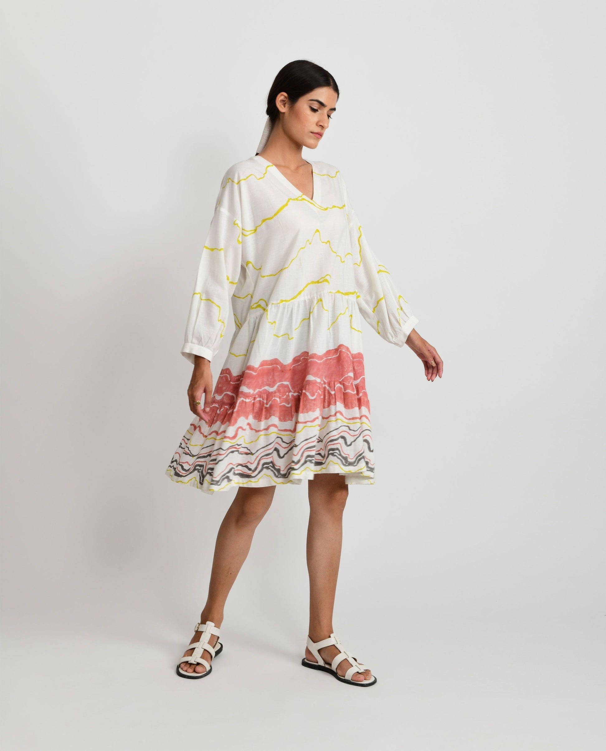 White Block Printed Short Dress by Rias Jaipur with Azo Free Dye, Bamboo, Block Prints, Casual Wear, Cotton, Mini Dresses, Parat, Parat by Rias Jaipur, Regular Fit, White, Womenswear at Kamakhyaa for sustainable fashion