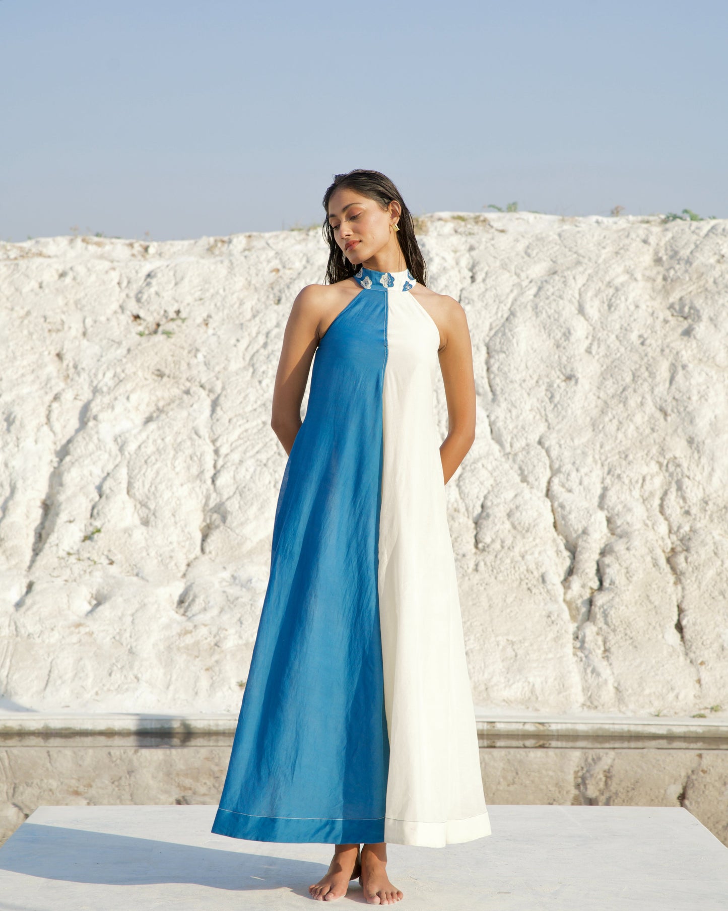 Blue Silk Maxi Dress by The Loom Art with Aurora by The Loom Art, Best Selling, Blue, Casual Wear, Chanderi Silk, FB ADS JUNE, For Daughter, Halter Neck Dresses, July Sale, July Sale 2023, Maxi Dresses, Ombre & Dyes, Organic, Relaxed Fit, Solid Selfmade, Womenswear at Kamakhyaa for sustainable fashion