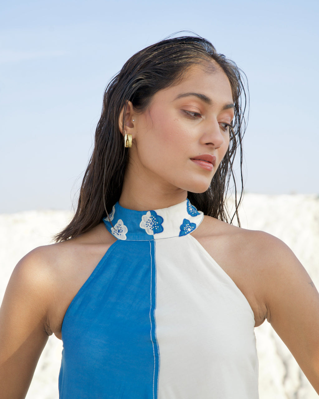 Blue Silk Maxi Dress by The Loom Art with Aurora by The Loom Art, Best Selling, Blue, Casual Wear, Chanderi Silk, FB ADS JUNE, For Daughter, Halter Neck Dresses, July Sale, July Sale 2023, Maxi Dresses, Ombre & Dyes, Organic, Relaxed Fit, Solid Selfmade, Womenswear at Kamakhyaa for sustainable fashion