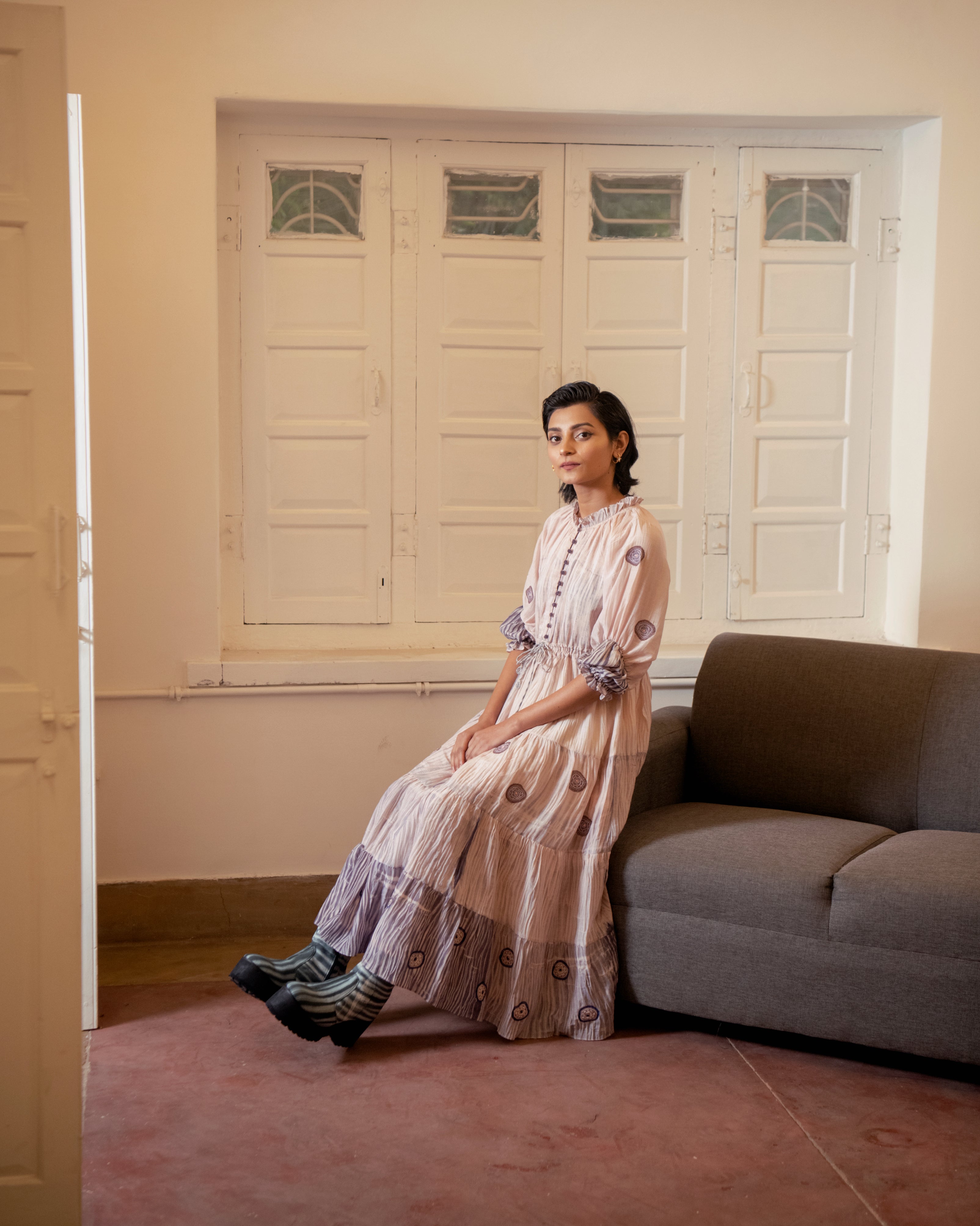 Rosy Ballet by The Loom Art with Casual Wear, Embroidered, Handwoven Cotton Silk, July Sale, July Sale 2023, Lucid Dreams by The Loom Art, Luicid Dream, Office, Office Wear, Organic, Pink, Tiered Dresses, Womenswear at Kamakhyaa for sustainable fashion