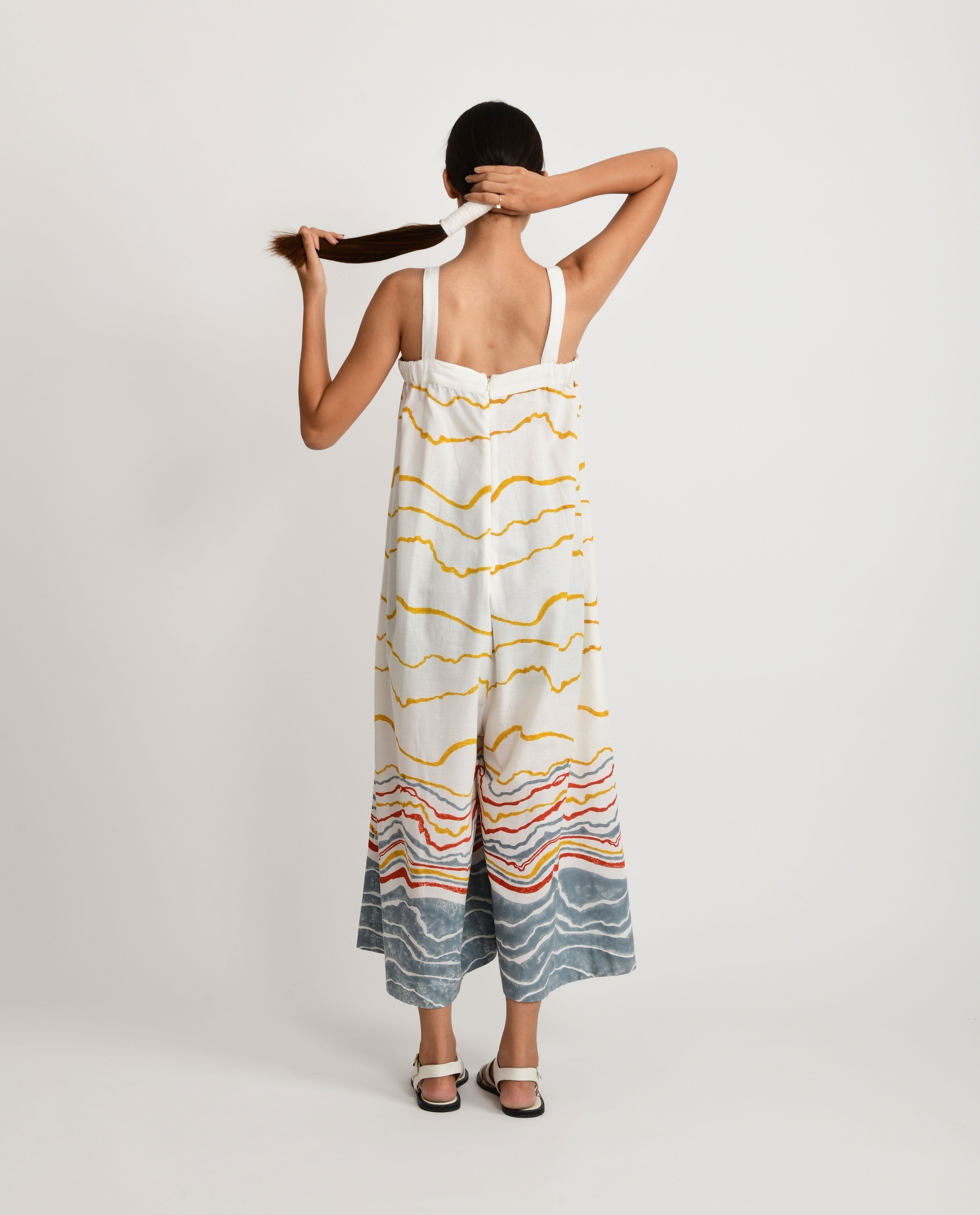 Casual Block Printed Jumpsuit by Rias Jaipur with Azo Free Dye, Bamboo, Block Prints, Casual Wear, Cotton, Jumpsuits, Organic Cotton, Parat, Parat by Rias Jaipur, Regular Fit, White, Womenswear at Kamakhyaa for sustainable fashion