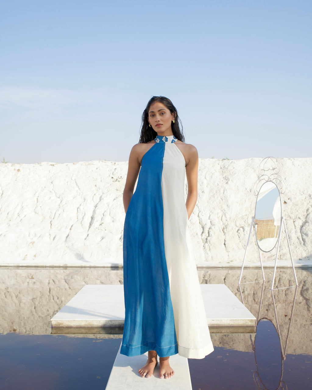 Blue Silk Maxi Dress by The Loom Art with Aurora by The Loom Art, Best Selling, Blue, Casual Wear, Chanderi Silk, FB ADS JUNE, For Daughter, Halter Neck Dresses, July Sale, July Sale 2023, Maxi Dresses, Ombre & Dyes, Organic, Relaxed Fit, Solid Selfmade, Womenswear at Kamakhyaa for sustainable fashion