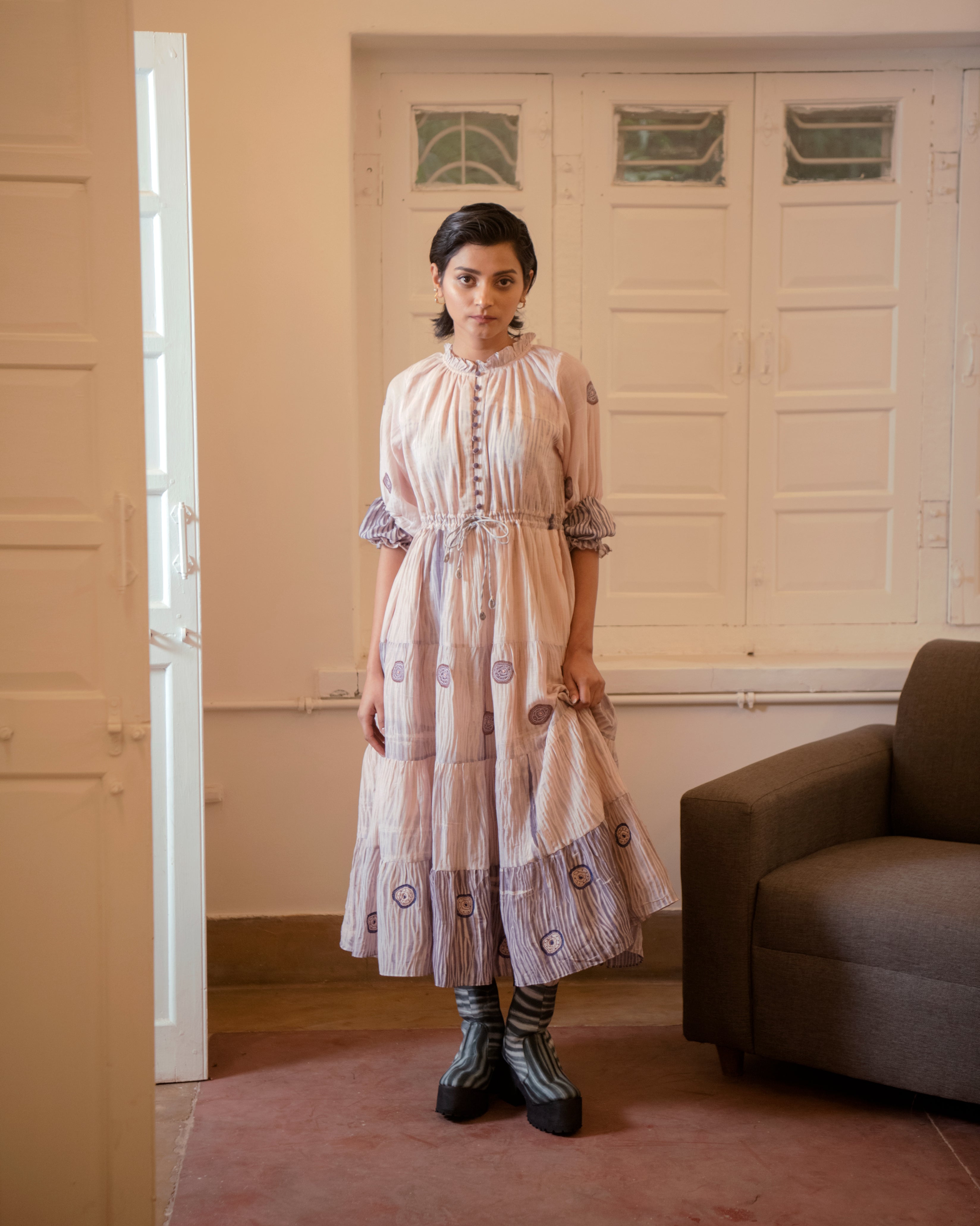 Rosy Ballet by The Loom Art with Casual Wear, Embroidered, Handwoven Cotton Silk, July Sale, July Sale 2023, Lucid Dreams by The Loom Art, Luicid Dream, Office, Office Wear, Organic, Pink, Tiered Dresses, Womenswear at Kamakhyaa for sustainable fashion