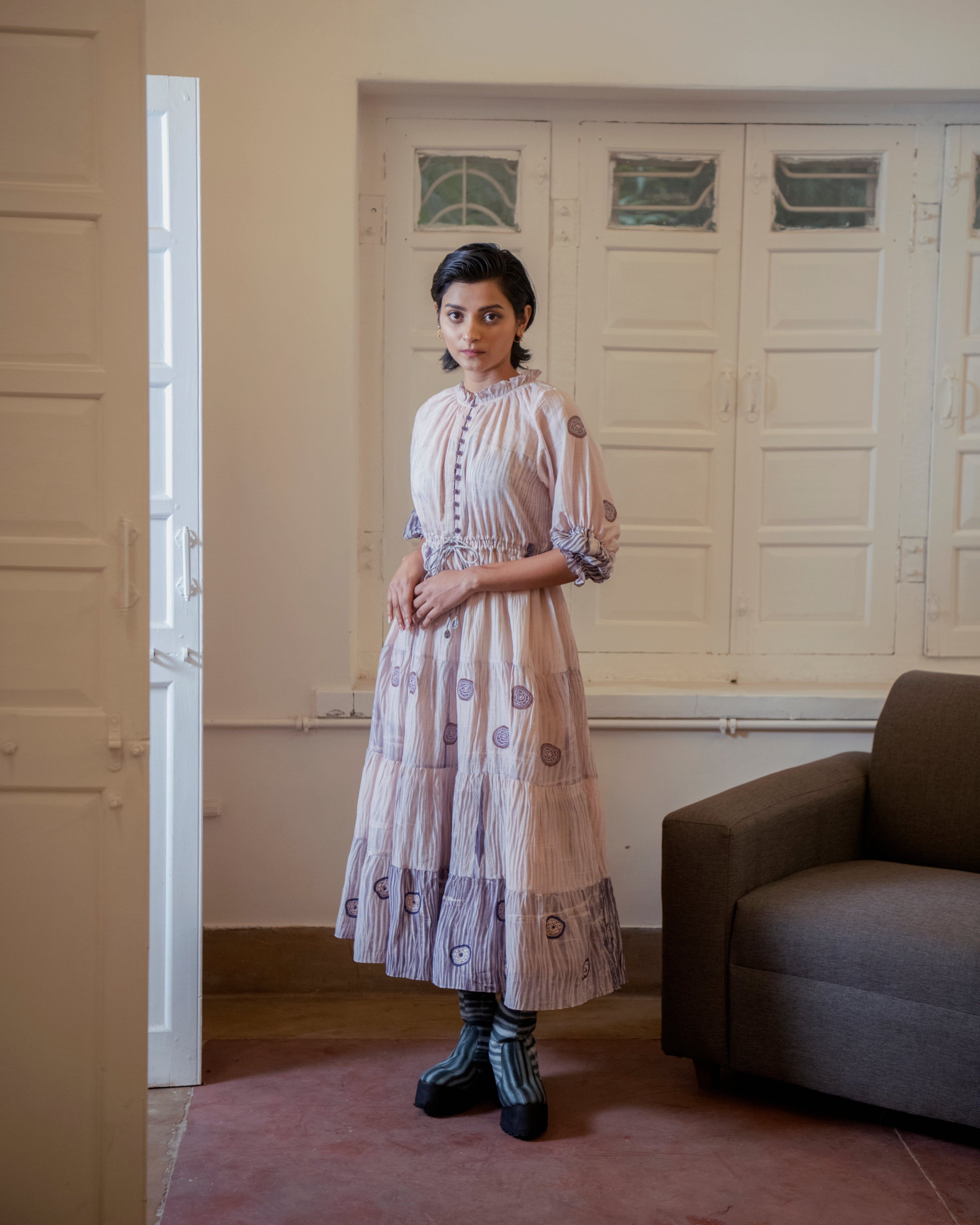 Rosy Ballet by The Loom Art with Casual Wear, Embroidered, Handwoven Cotton Silk, July Sale, July Sale 2023, Lucid Dreams by The Loom Art, Luicid Dream, Office, Office Wear, Organic, Pink, Tiered Dresses, Womenswear at Kamakhyaa for sustainable fashion