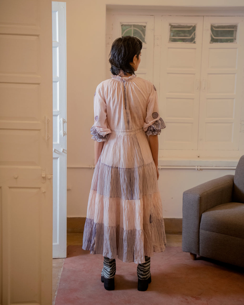 Rosy Ballet by The Loom Art with Casual Wear, Embroidered, Handwoven Cotton Silk, July Sale, July Sale 2023, Lucid Dreams by The Loom Art, Luicid Dream, Office, Office Wear, Organic, Pink, Tiered Dresses, Womenswear at Kamakhyaa for sustainable fashion