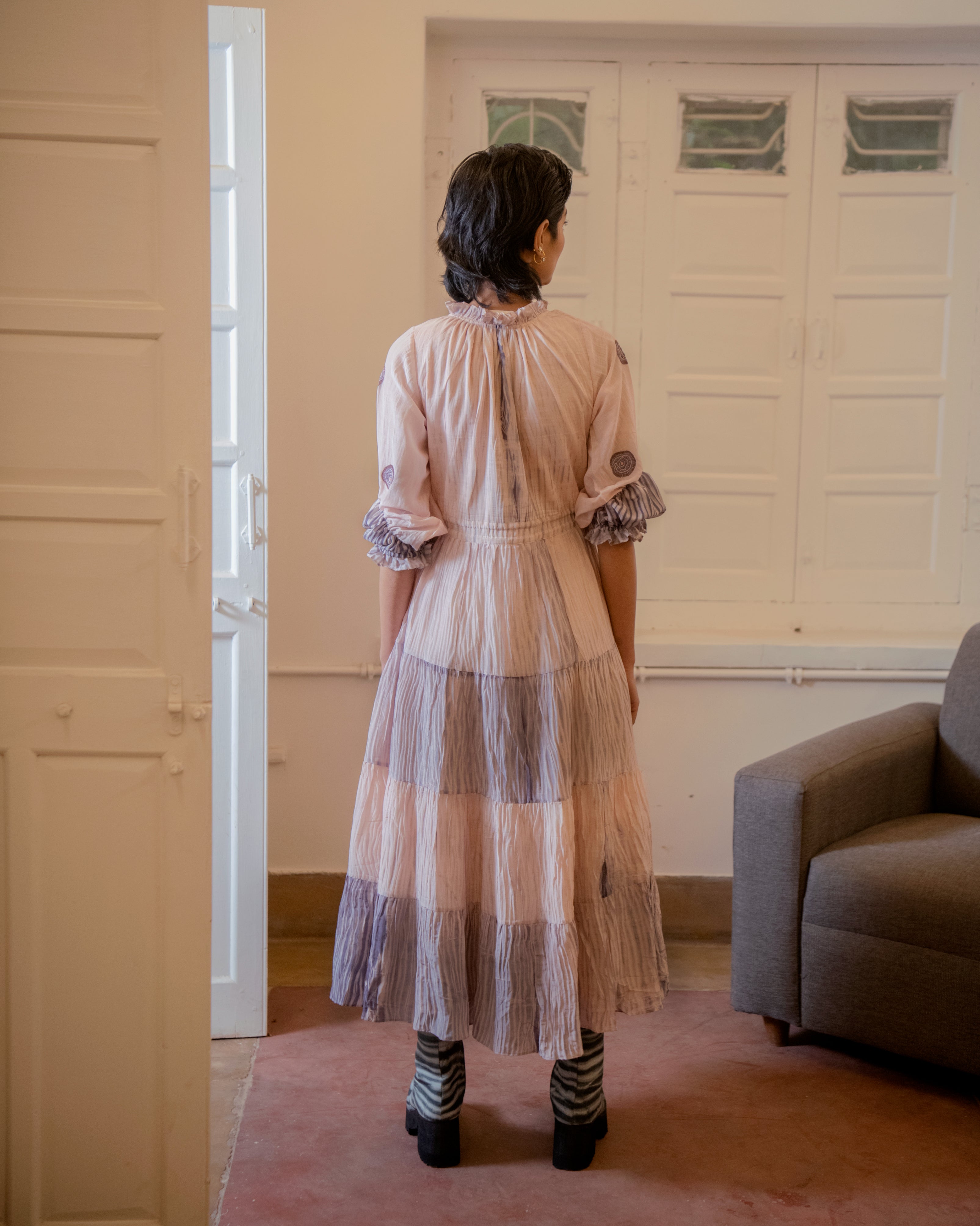 Rosy Ballet by The Loom Art with Casual Wear, Embroidered, Handwoven Cotton Silk, July Sale, July Sale 2023, Lucid Dreams by The Loom Art, Luicid Dream, Office, Office Wear, Organic, Pink, Tiered Dresses, Womenswear at Kamakhyaa for sustainable fashion