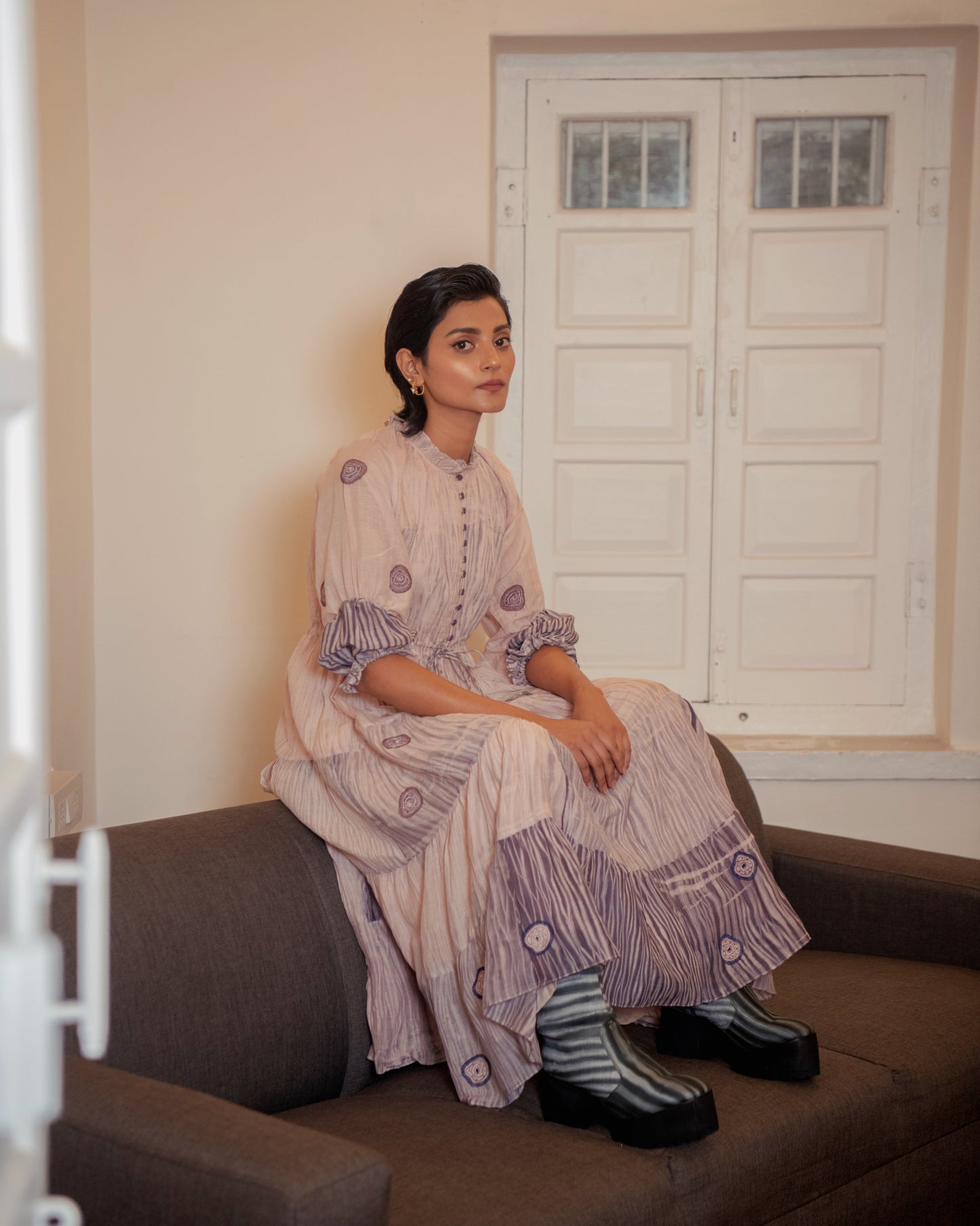 Rosy Ballet by The Loom Art with Casual Wear, Embroidered, Handwoven Cotton Silk, July Sale, July Sale 2023, Lucid Dreams by The Loom Art, Luicid Dream, Office, Office Wear, Organic, Pink, Tiered Dresses, Womenswear at Kamakhyaa for sustainable fashion