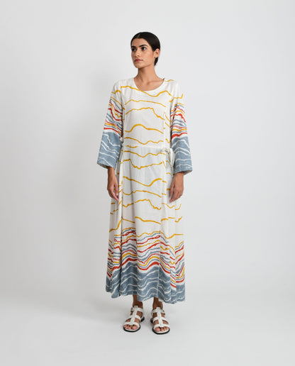 White Tie Up Block Print Dress by Rias Jaipur with Azo Free Dye, Bamboo, Block Prints, Casual Wear, Cotton, Midi Dresses, Parat, Parat by Rias Jaipur, Regular Fit, White, Womenswear at Kamakhyaa for sustainable fashion