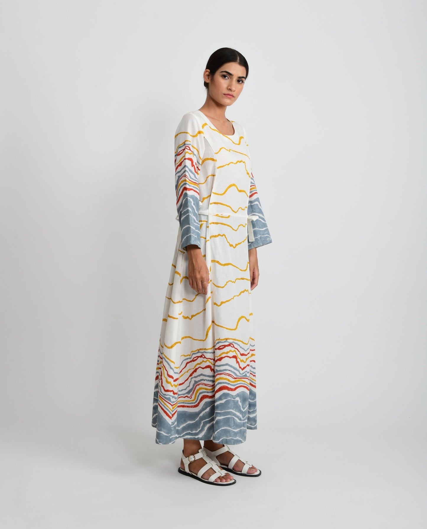 White Tie Up Block Print Dress by Rias Jaipur with Azo Free Dye, Bamboo, Block Prints, Casual Wear, Cotton, Midi Dresses, Parat, Parat by Rias Jaipur, Regular Fit, White, Womenswear at Kamakhyaa for sustainable fashion