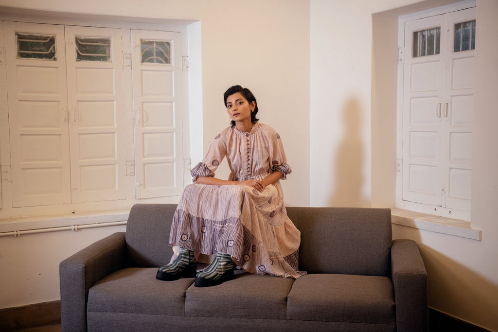 Rosy Ballet by The Loom Art with Casual Wear, Embroidered, Handwoven Cotton Silk, July Sale, July Sale 2023, Lucid Dreams by The Loom Art, Luicid Dream, Office, Office Wear, Organic, Pink, Tiered Dresses, Womenswear at Kamakhyaa for sustainable fashion