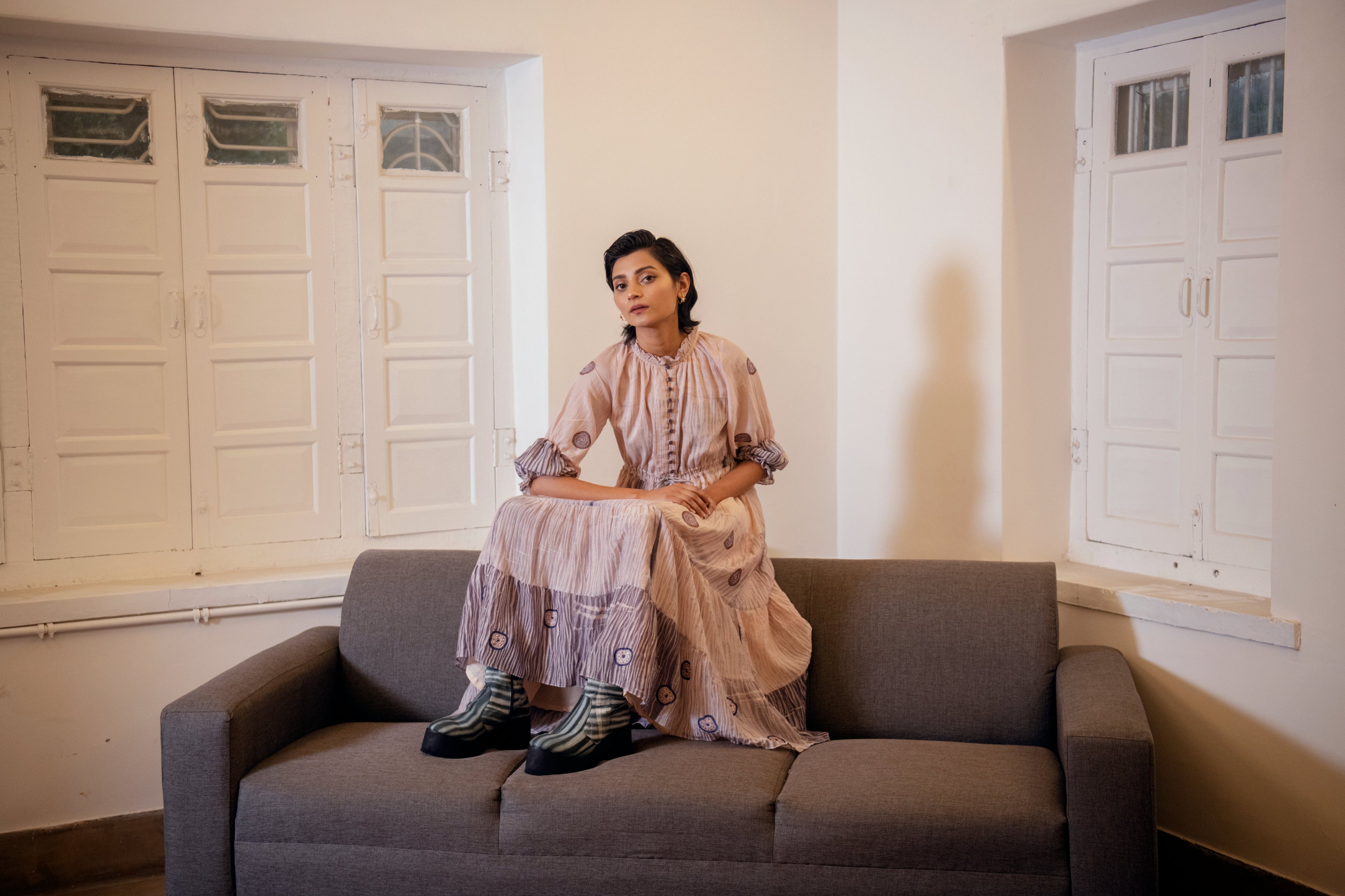 Rosy Ballet by The Loom Art with Casual Wear, Embroidered, Handwoven Cotton Silk, July Sale, July Sale 2023, Lucid Dreams by The Loom Art, Luicid Dream, Office, Office Wear, Organic, Pink, Tiered Dresses, Womenswear at Kamakhyaa for sustainable fashion