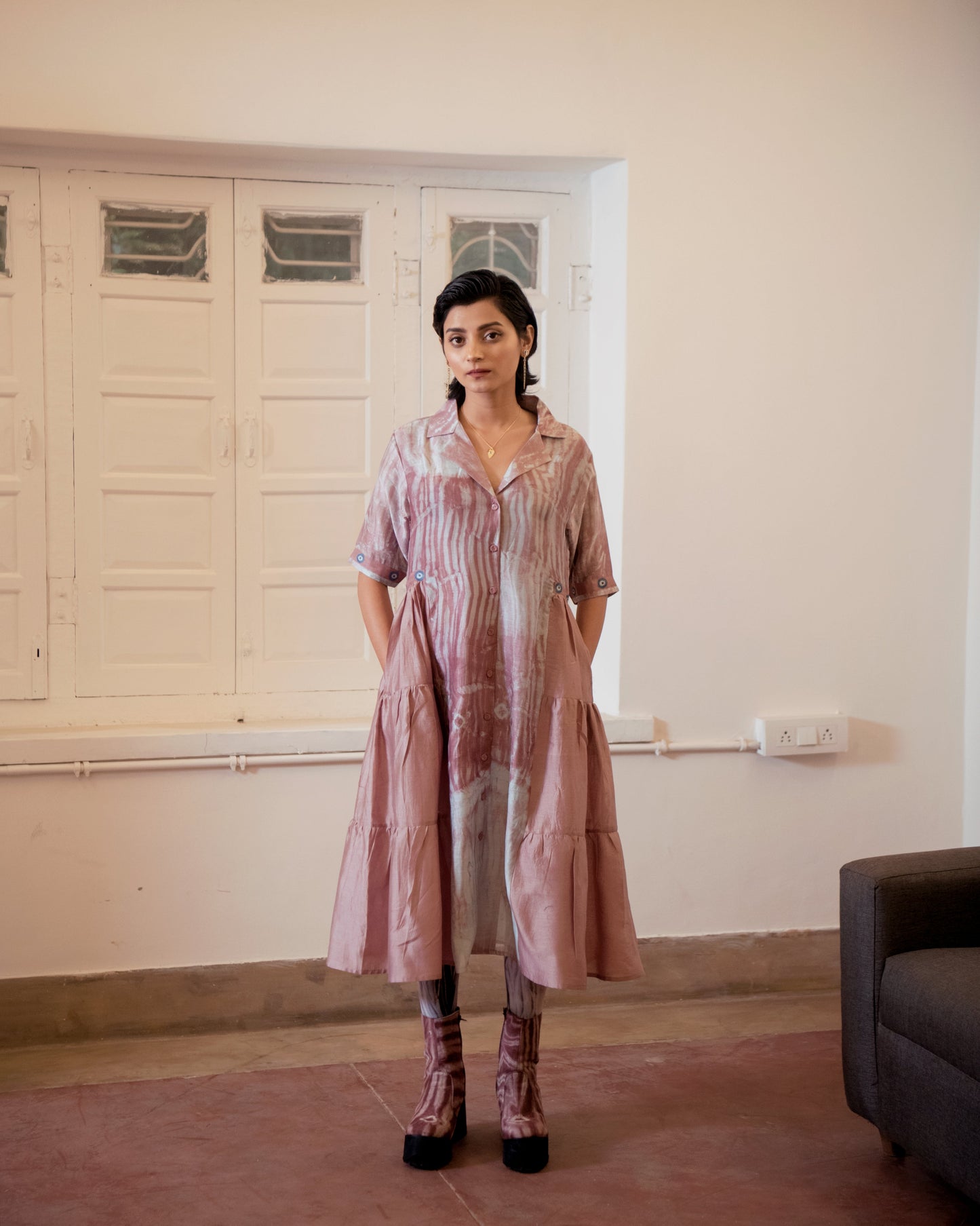 Persian Rust by The Loom Art with Casual Wear, Fall, Handwoven Chanderi Silk, July Sale, July Sale 2023, Lucid Dreams by The Loom Art, Luicid Dream, Organic, Pink, Relaxed Fit, Solids, Tiered Dresses, Womenswear at Kamakhyaa for sustainable fashion