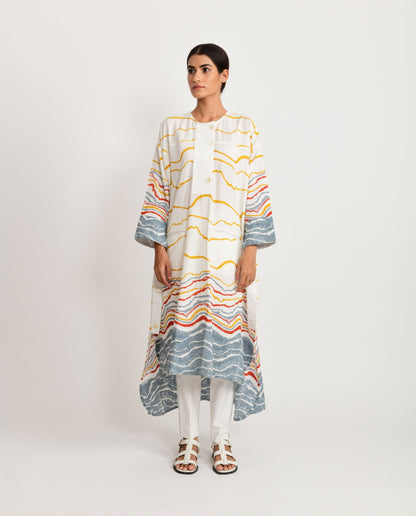 White Fossil Side Open Block Printed Kurta by Rias Jaipur with Azo Free Dye, Bamboo, Block Prints, Casual Wear, Cotton, Kurtas, Parat, Parat by Rias Jaipur, Regular Fit, White, Womenswear at Kamakhyaa for sustainable fashion