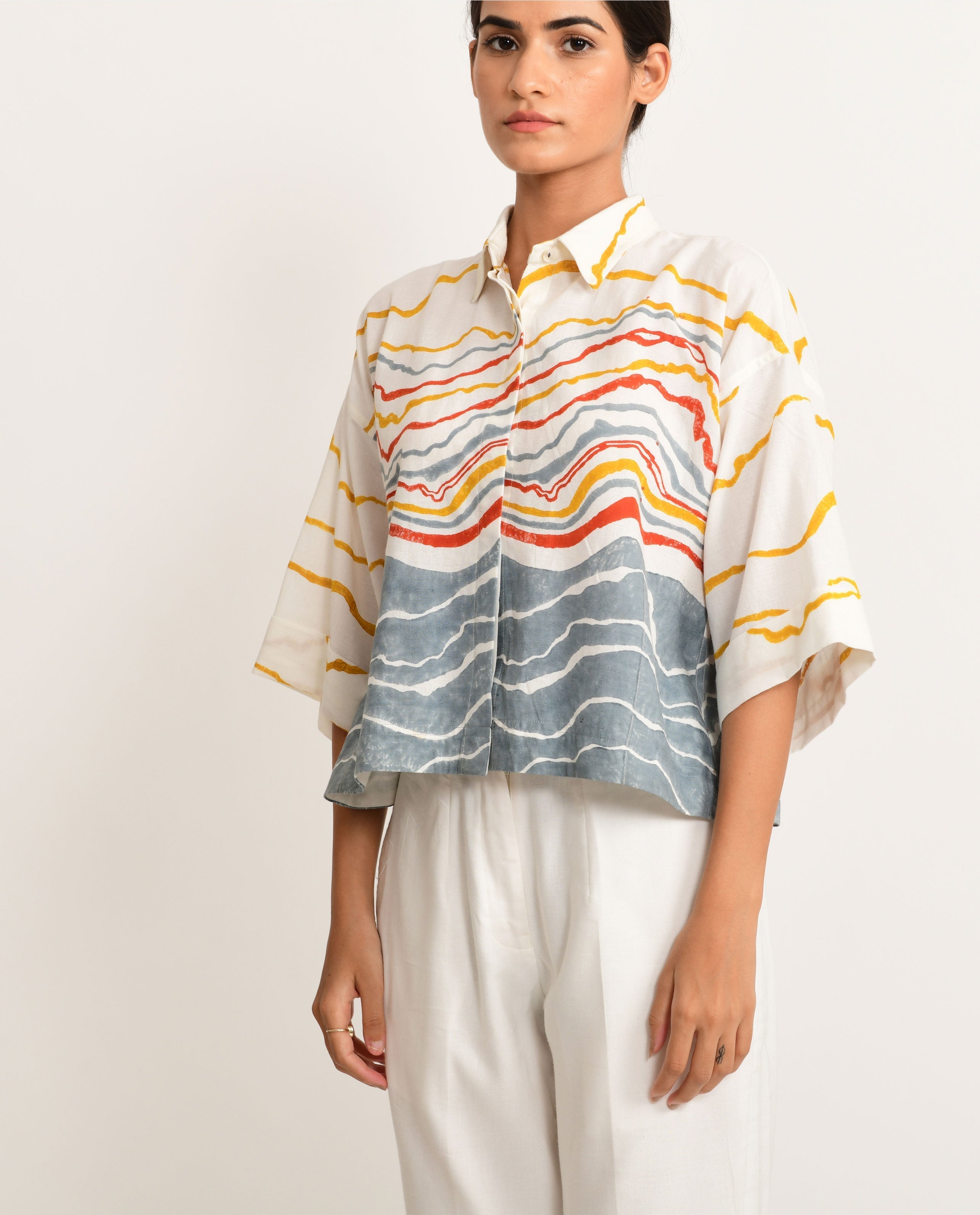 Azo Free Dye Block Printed Crop Top by Rias Jaipur with Azo Free Dye, Bamboo, Block Prints, Casual Wear, Cotton, Crop Tops, Parat, Parat by Rias Jaipur, Regular Fit, Shirts, White, Womenswear at Kamakhyaa for sustainable fashion