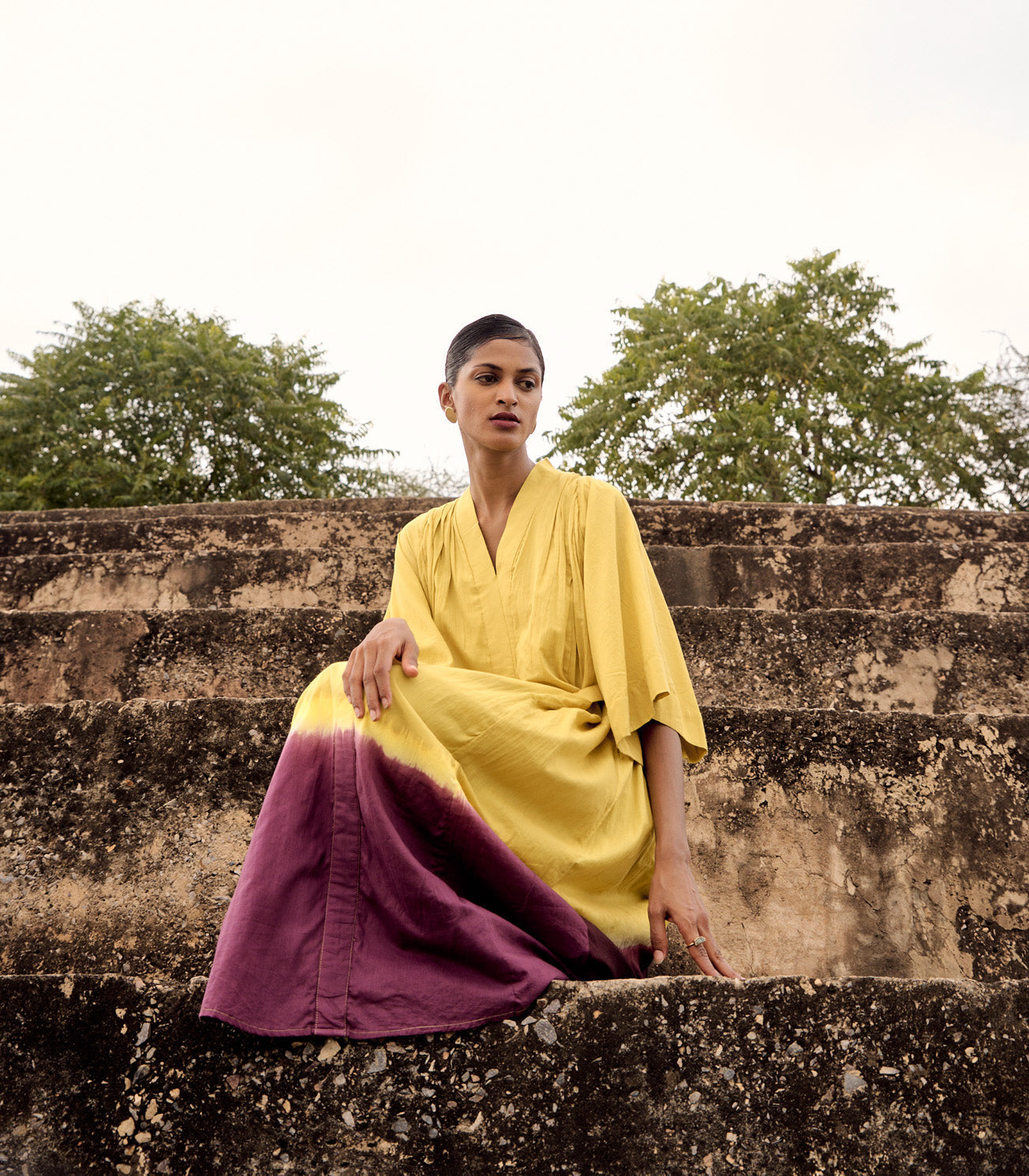 Yellow Purple Ombre Dress with Flared Sleeves by Khara Kapas with Birdsong, Birdsong by Khara Kapas, Casual Wear, comfort fashion, cotton, handcrafted, handmade, kharakapas, pure cotton, Womenswear at Kamakhyaa for sustainable fashion