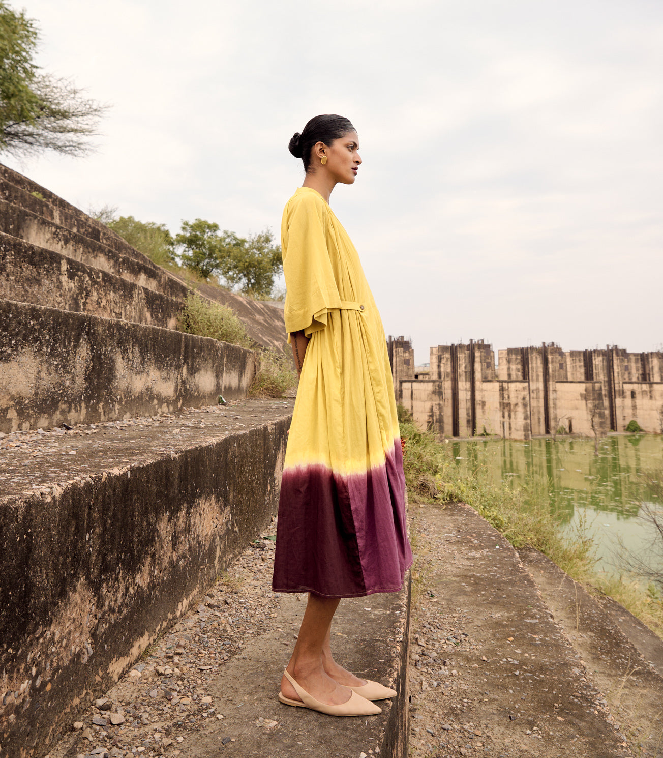 Yellow Purple Ombre Dress with Flared Sleeves by Khara Kapas with Birdsong, Birdsong by Khara Kapas, Casual Wear, comfort fashion, cotton, handcrafted, handmade, kharakapas, pure cotton, Womenswear at Kamakhyaa for sustainable fashion