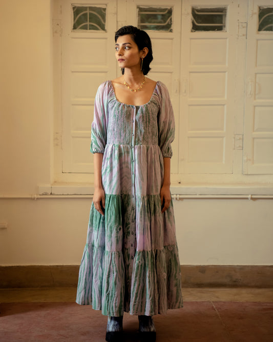 Lilac Teal dress by The Loom Art with Blue, Casual Wear, Handwoven Cotton Silk, July Sale, July Sale 2023, Lucid Dreams by The Loom Art, Luicid Dream, Organic, Relaxed Fit, Solids, Tiered Dresses, Womenswear at Kamakhyaa for sustainable fashion