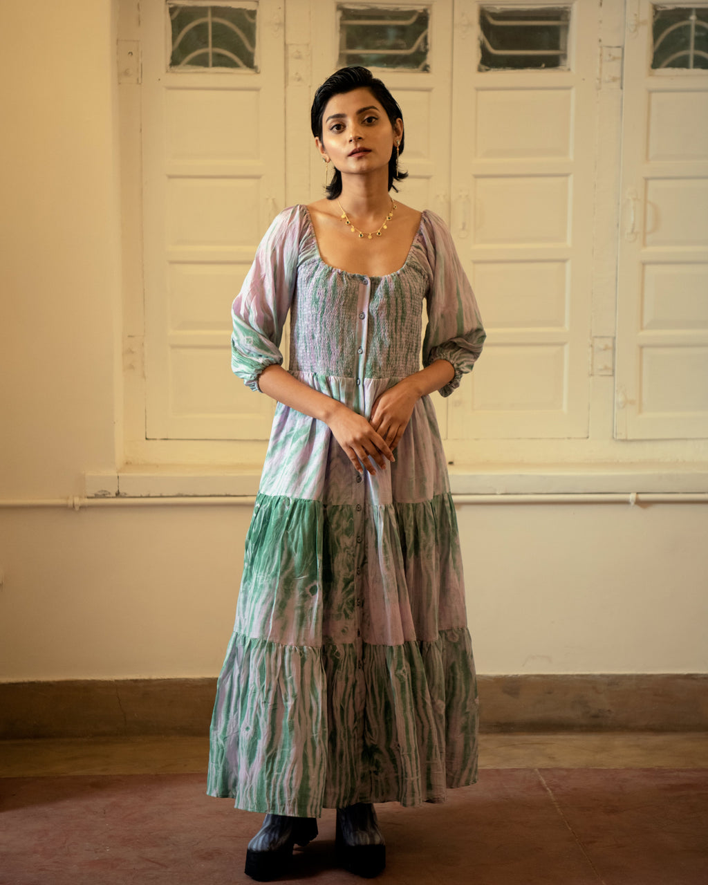 Lilac Teal dress by The Loom Art with Blue, Casual Wear, Handwoven Cotton Silk, July Sale, July Sale 2023, Lucid Dreams by The Loom Art, Luicid Dream, Organic, Relaxed Fit, Solids, Tiered Dresses, Womenswear at Kamakhyaa for sustainable fashion