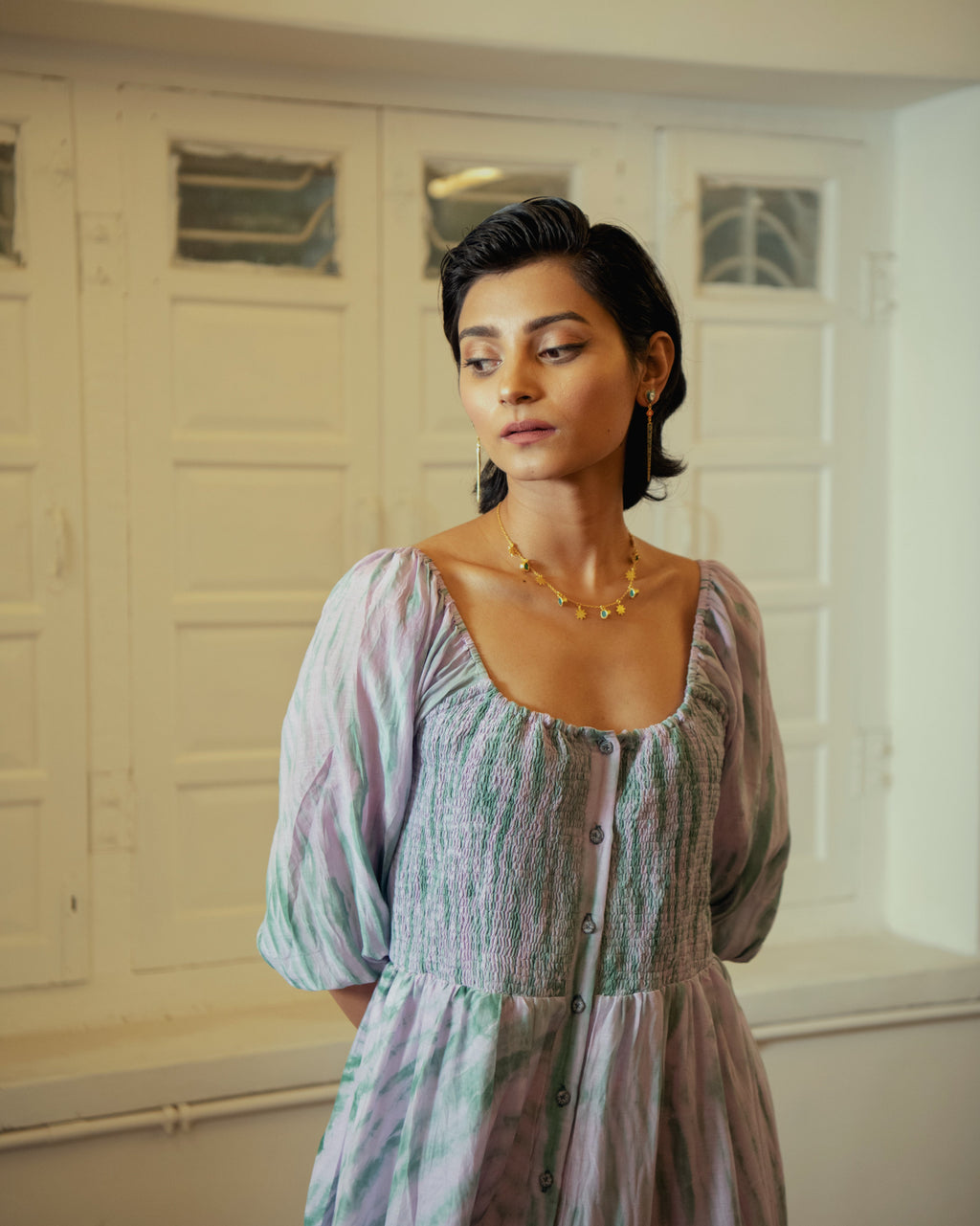 Lilac Teal dress by The Loom Art with Blue, Casual Wear, Handwoven Cotton Silk, July Sale, July Sale 2023, Lucid Dreams by The Loom Art, Luicid Dream, Organic, Relaxed Fit, Solids, Tiered Dresses, Womenswear at Kamakhyaa for sustainable fashion