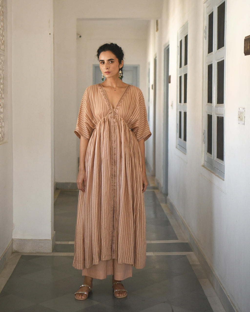 Gold Embroidered Kaftaan Set by Taro with Brown, Co-ord Sets, Cotton, Evening Wear, Handwoven cotton, July Sale, July Sale 2023, Kaftan Set, Natural, party, Party Wear Co-ords, Regular Fit, Sitara by Taro, Womenswear at Kamakhyaa for sustainable fashion