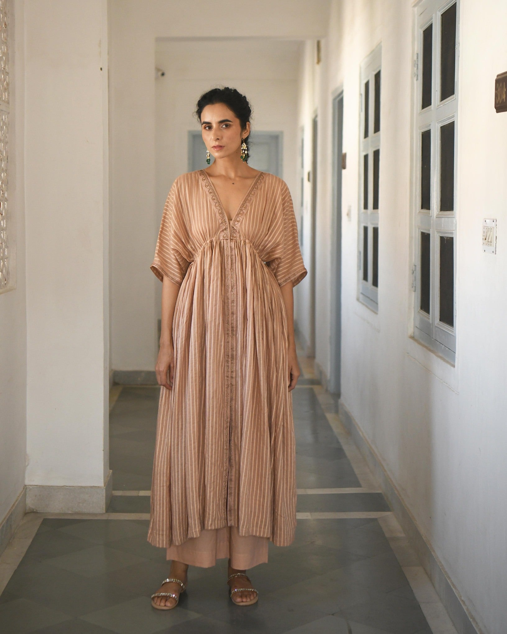 Gold Embroidered Kaftaan Set by Taro with Brown, Co-ord Sets, Cotton, Evening Wear, Handwoven cotton, July Sale, July Sale 2023, Kaftan Set, Natural, party, Party Wear Co-ords, Regular Fit, Sitara by Taro, Womenswear at Kamakhyaa for sustainable fashion